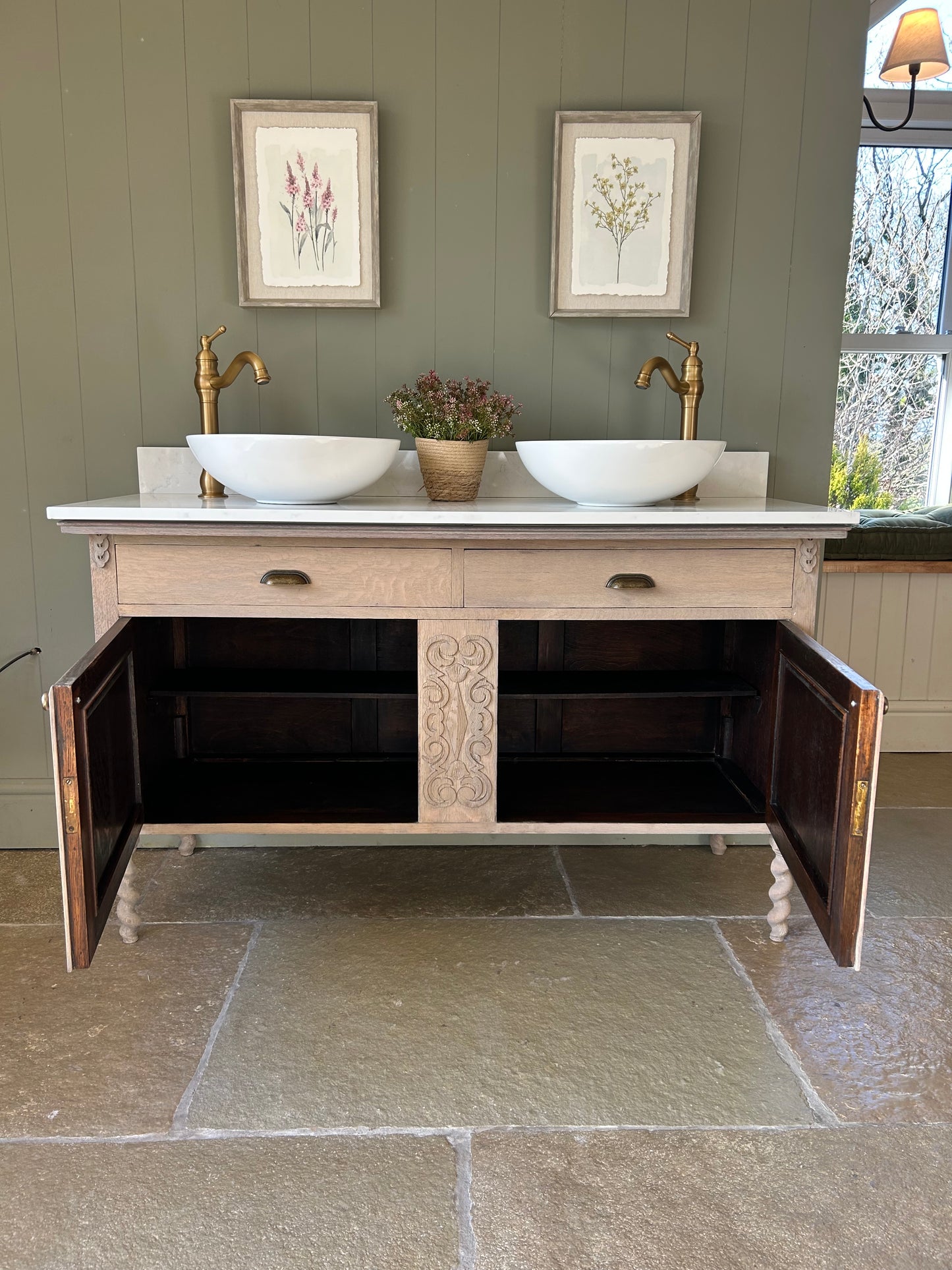 140cm Double Vanity Sink in Solid Weathered Oak, quartz top, basins and Upstand