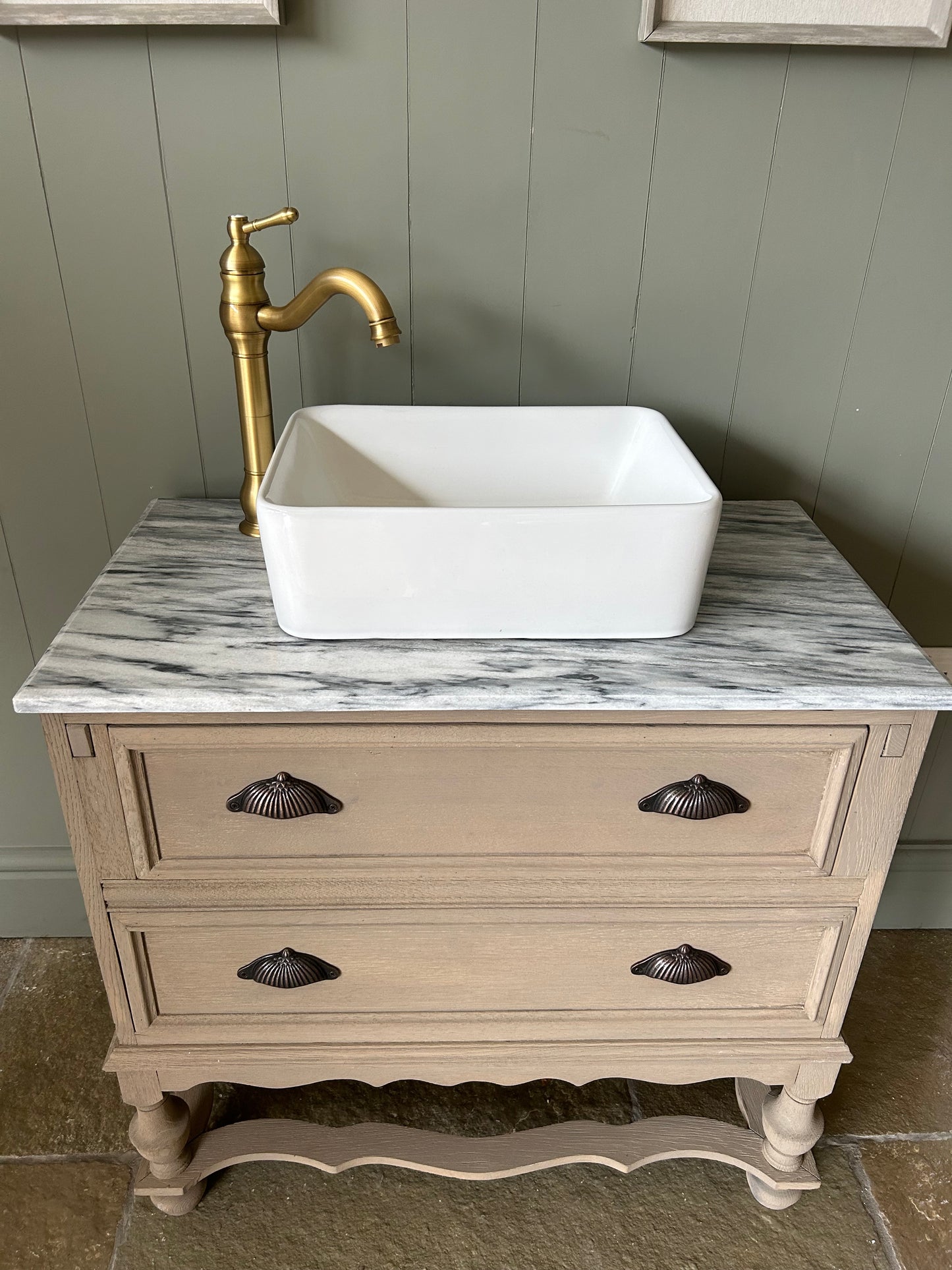 Vintage Marble Topped Vanity Sink finished in a Weathered Oak Style