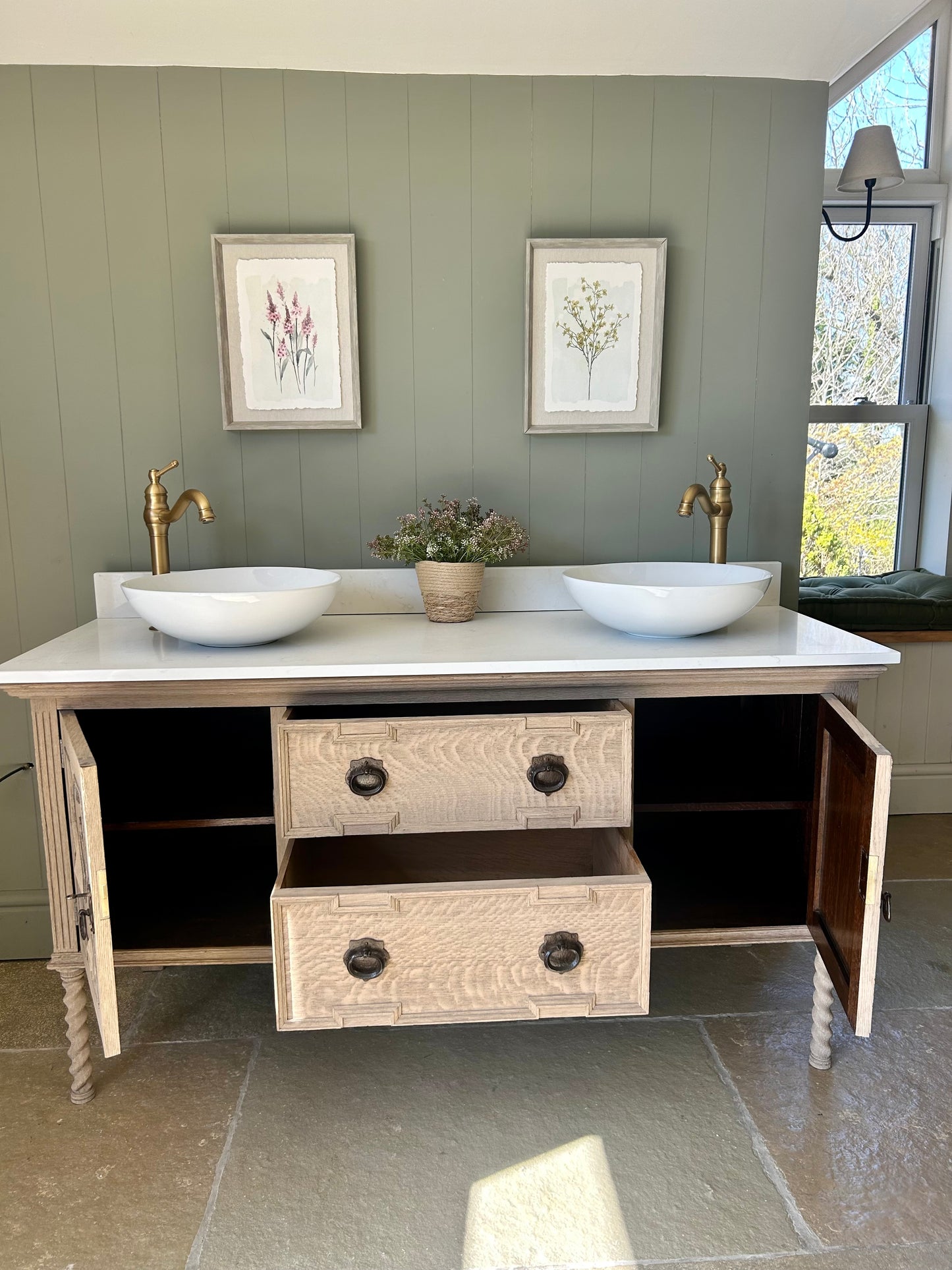 Light Oak Double Vanity Sink, quartz top, Upstand and two basins.