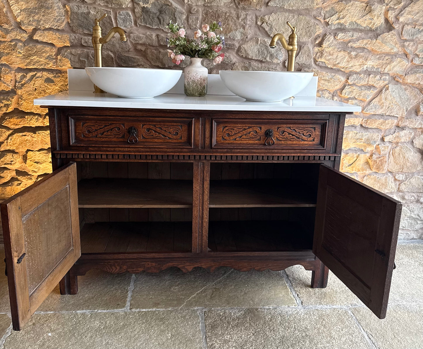 Antique Classic Double or Single Dark Oak Vanity Sink Unit, Quartz top, Upstand and basin/s (123cm wide)