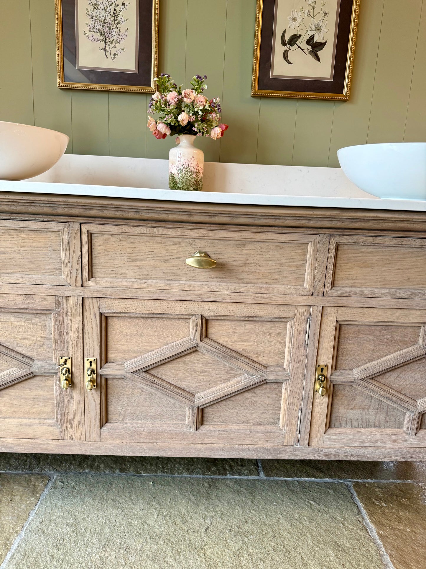 Extra Large Vintage Double Vanity Sink, Carrara Quartz top, Upstand and two basins. Solid Light Oak. (185cm wide)