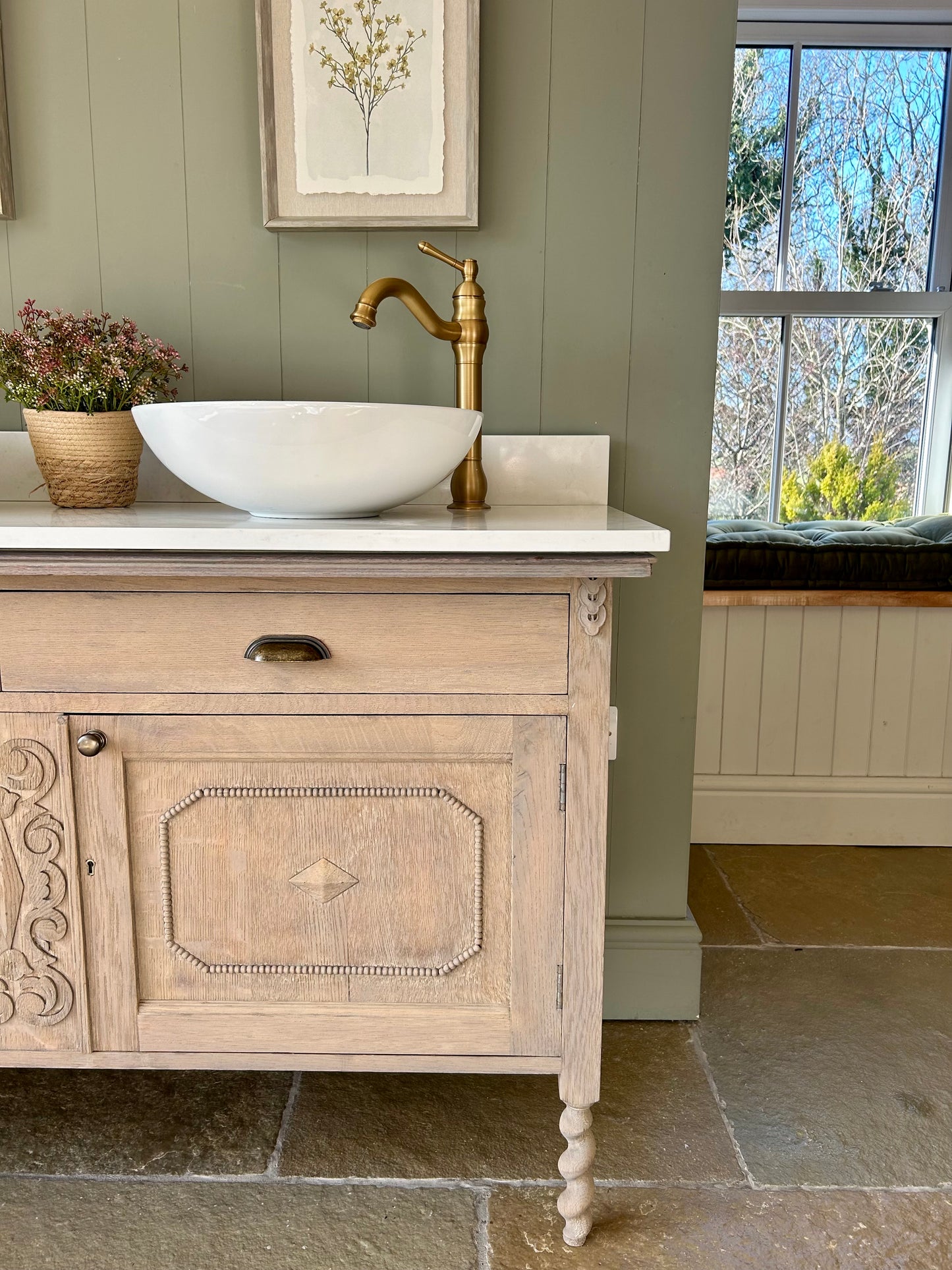 140cm Double Vanity Sink in Solid Weathered Oak, quartz top, basins and Upstand