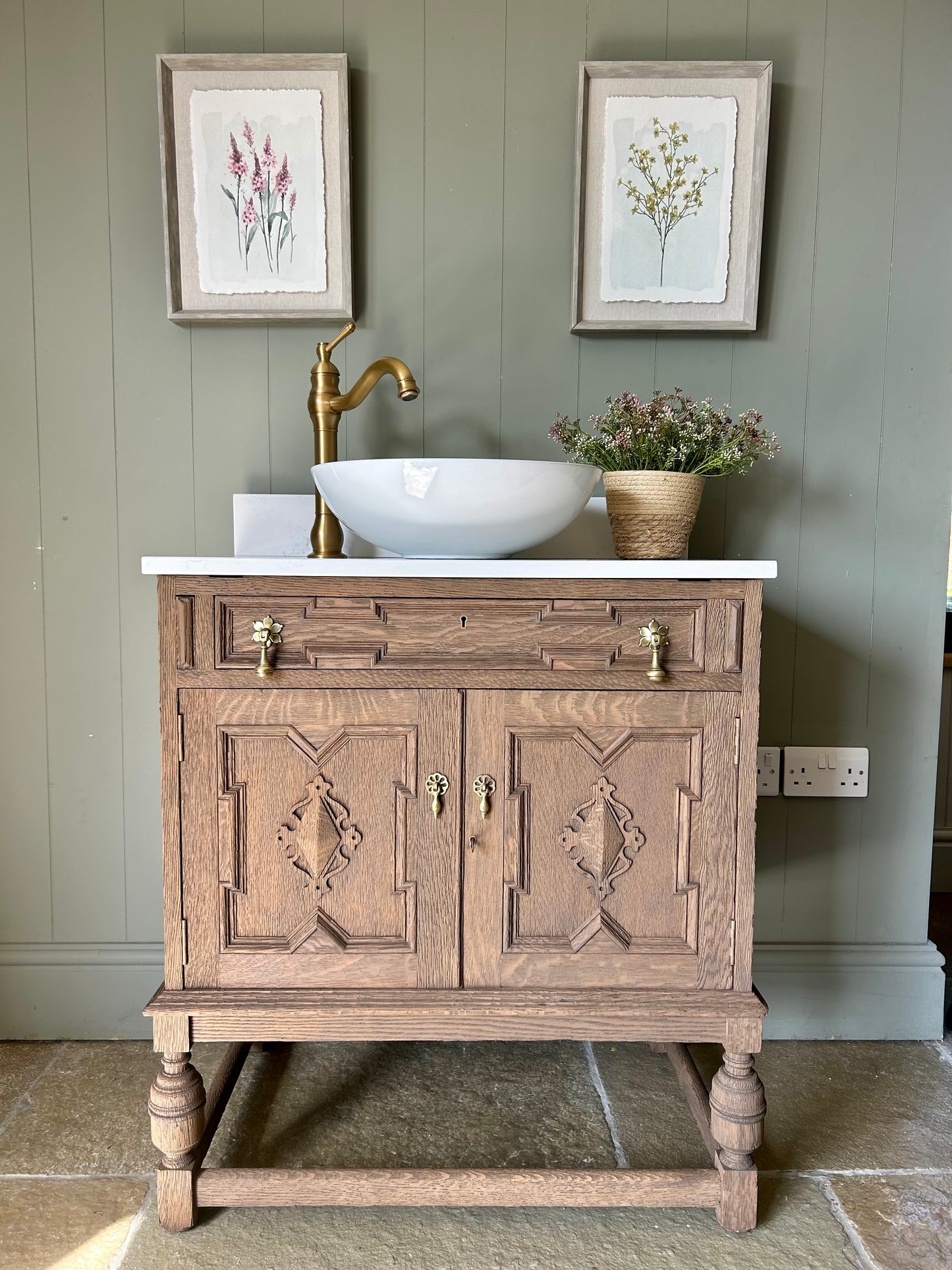 Vintage Solid Oak Vanity Sink finished in a Mid Oak, quartz top, Upstand and basin (75cm wide)