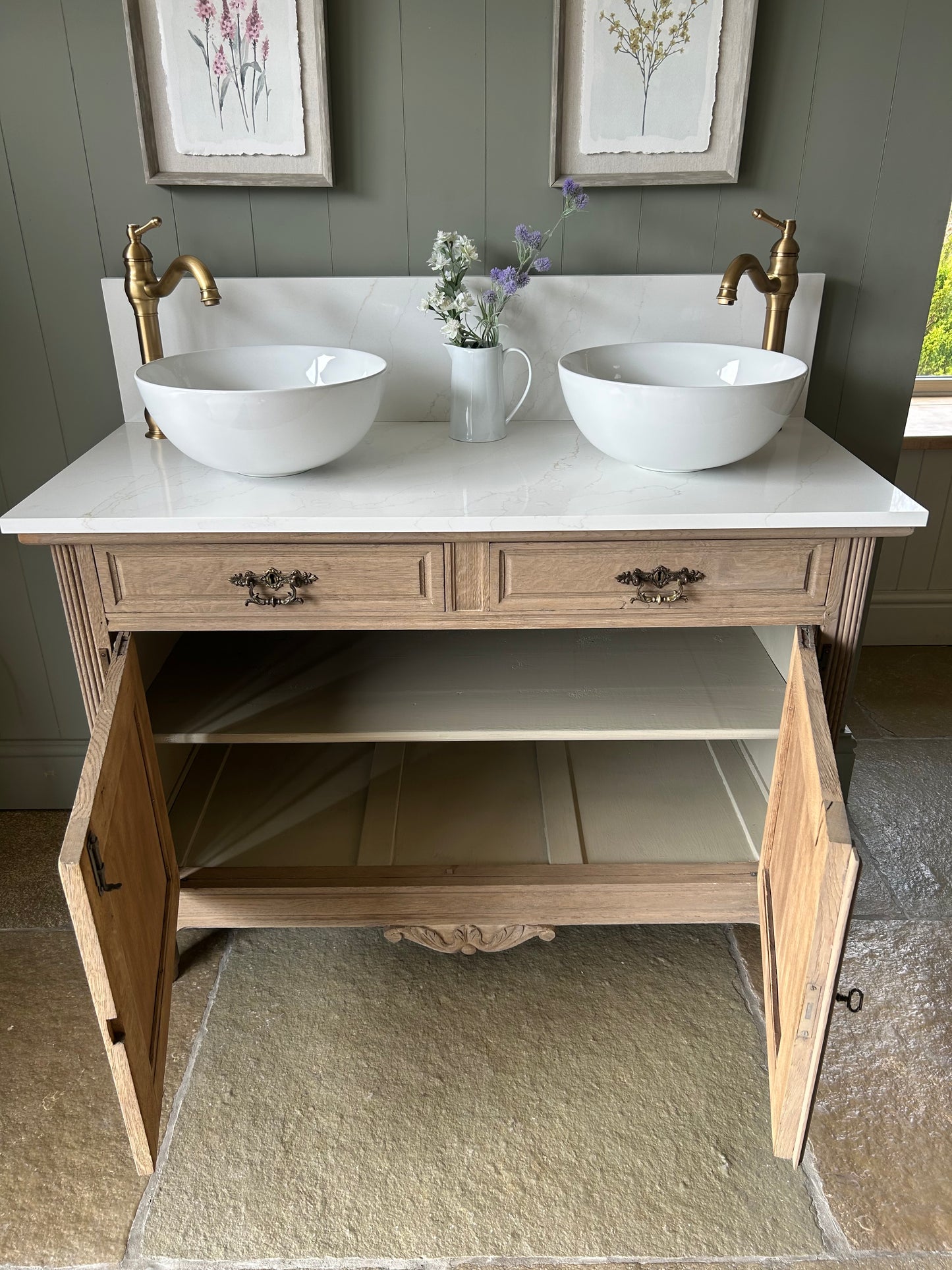 Vintage Double Vanity Sink with Marble / Quartz top and Upstand.