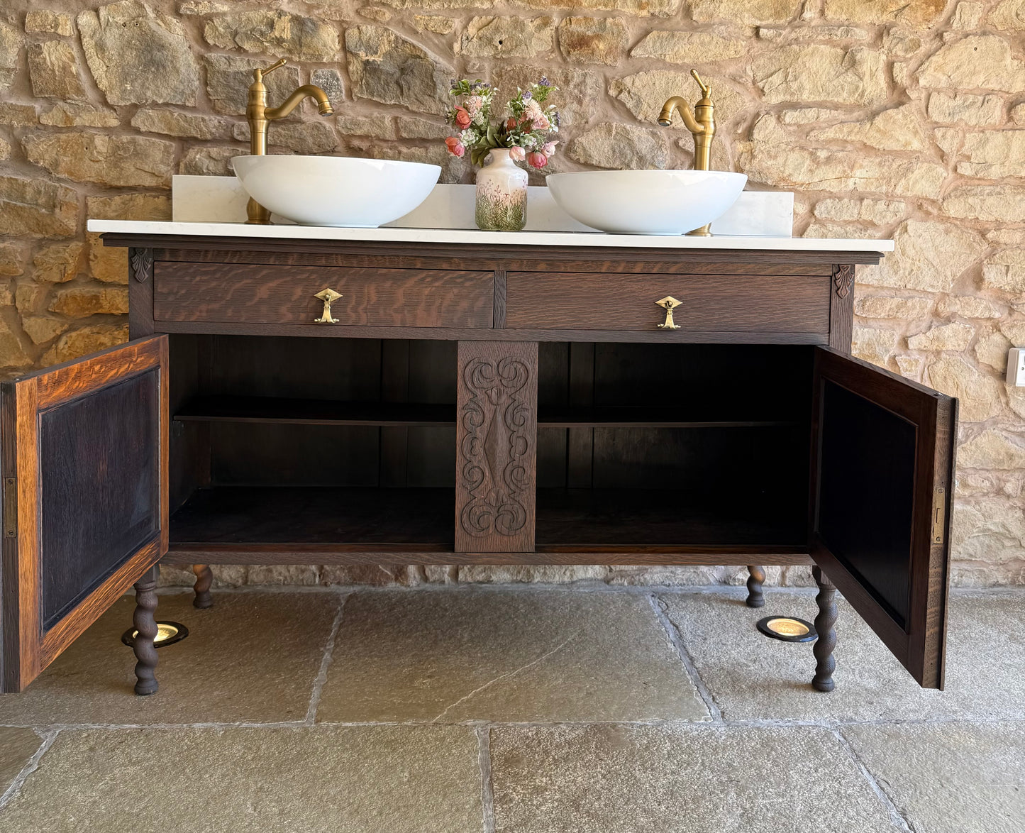 Vintage Classic Dark Oak Double Vanity Sink Unit, Carrara Quartz Top, Upstand and two basins. (139cm wide)