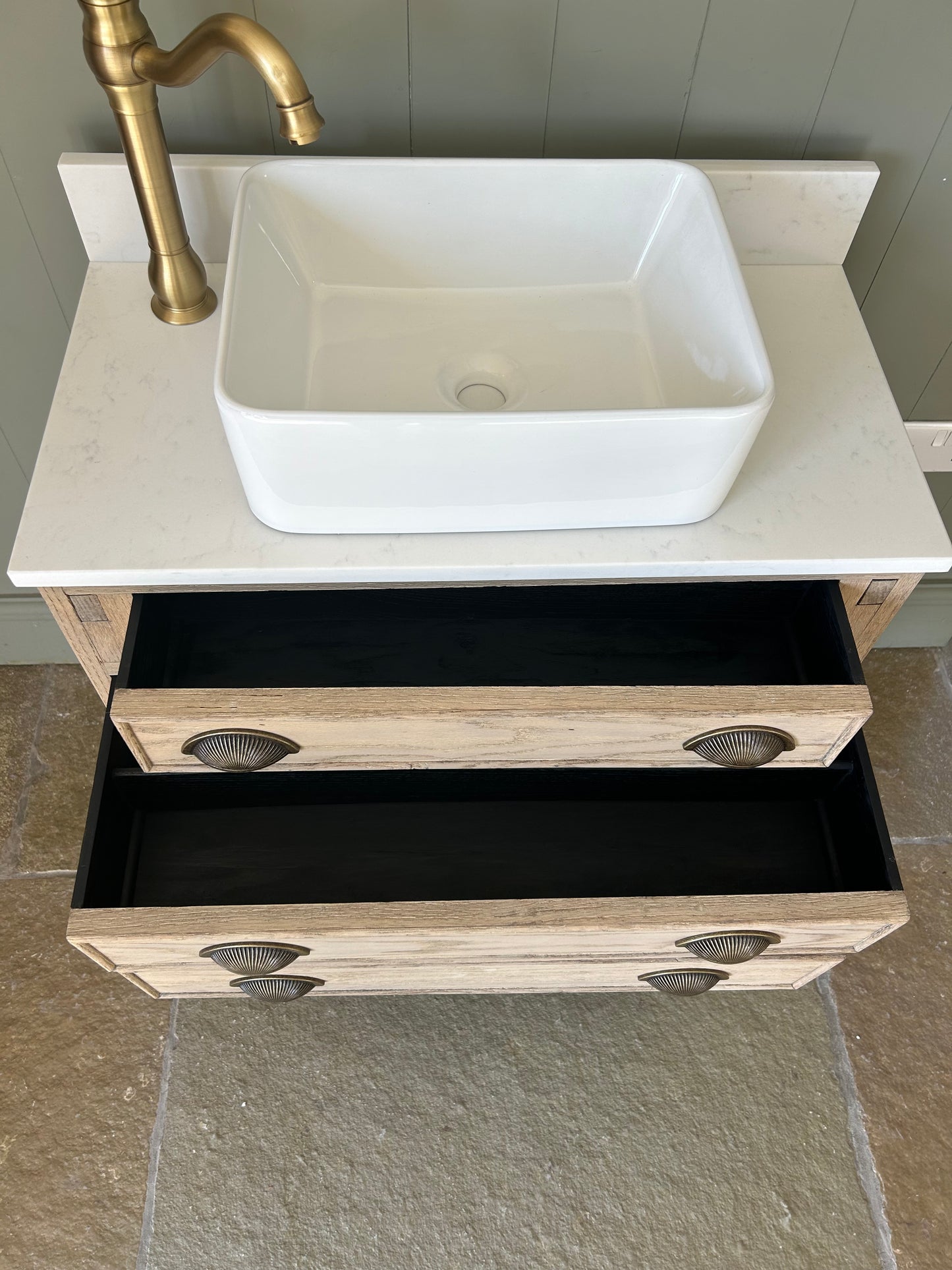 Small vintage Quartz topped vanity sink in a light weathered Oak. 76cm wide