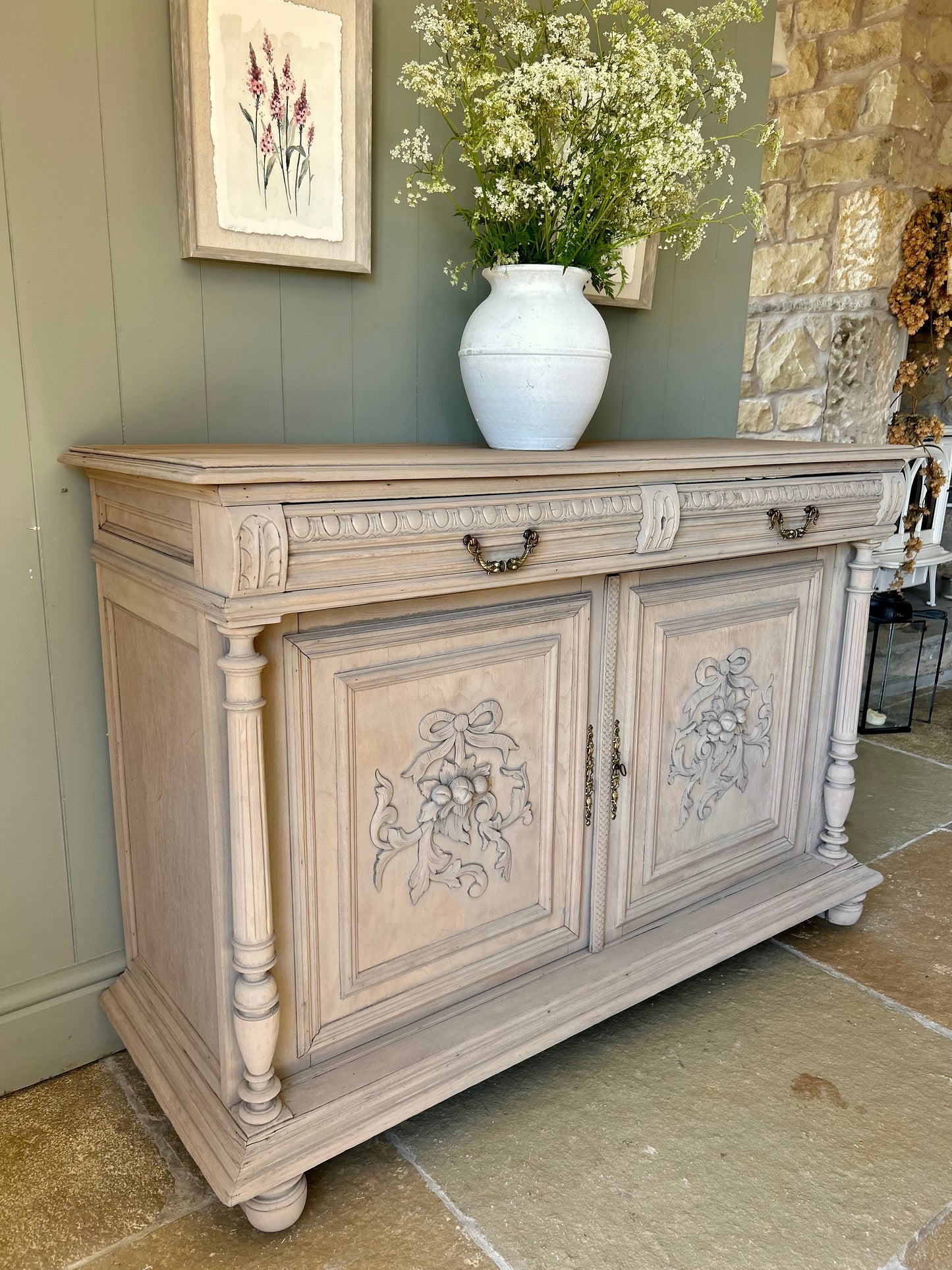 Antique Pretty Carved Solid Oak Sideboard