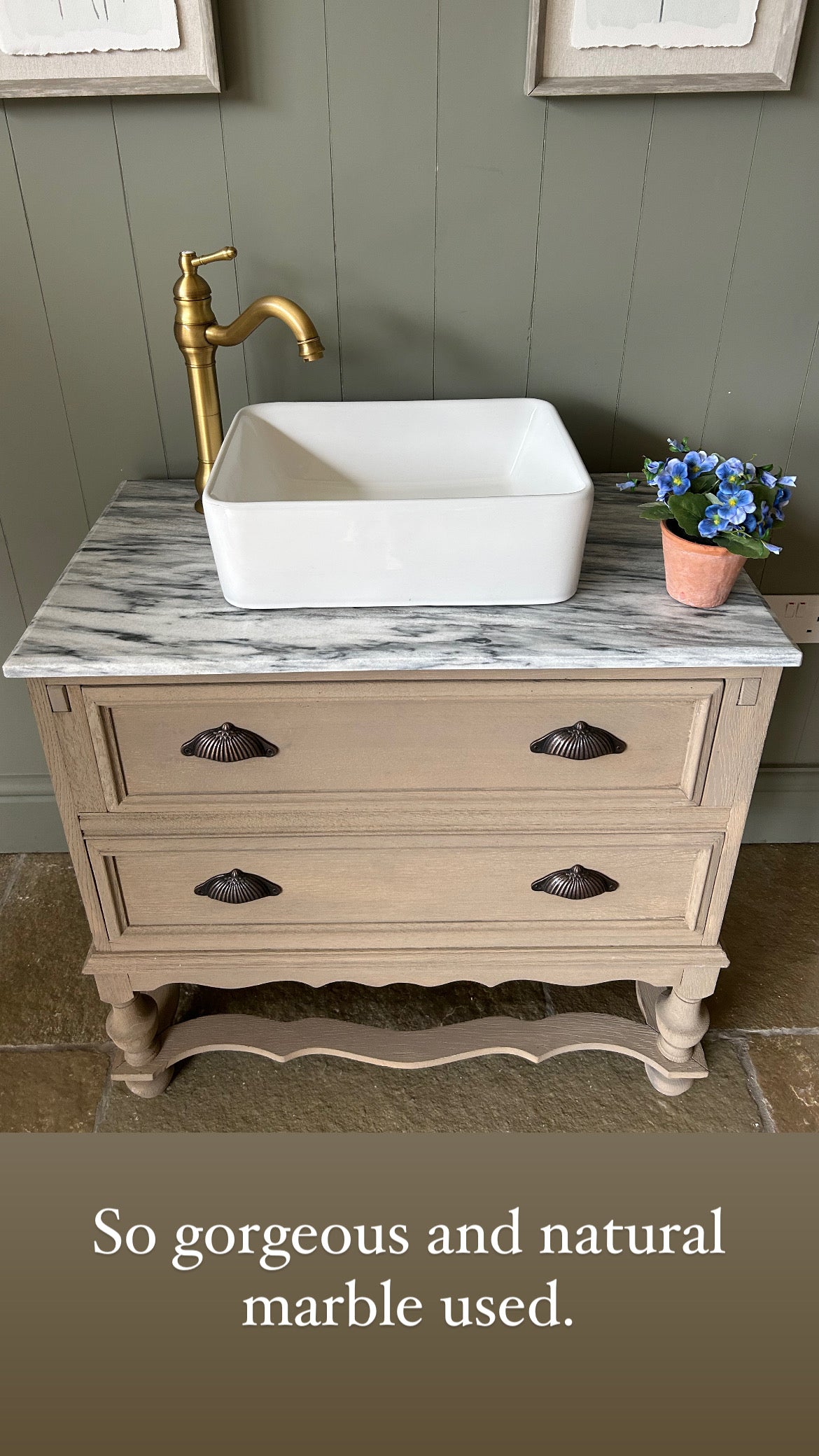 Vintage Marble Topped Vanity Sink finished in a Weathered Oak Style