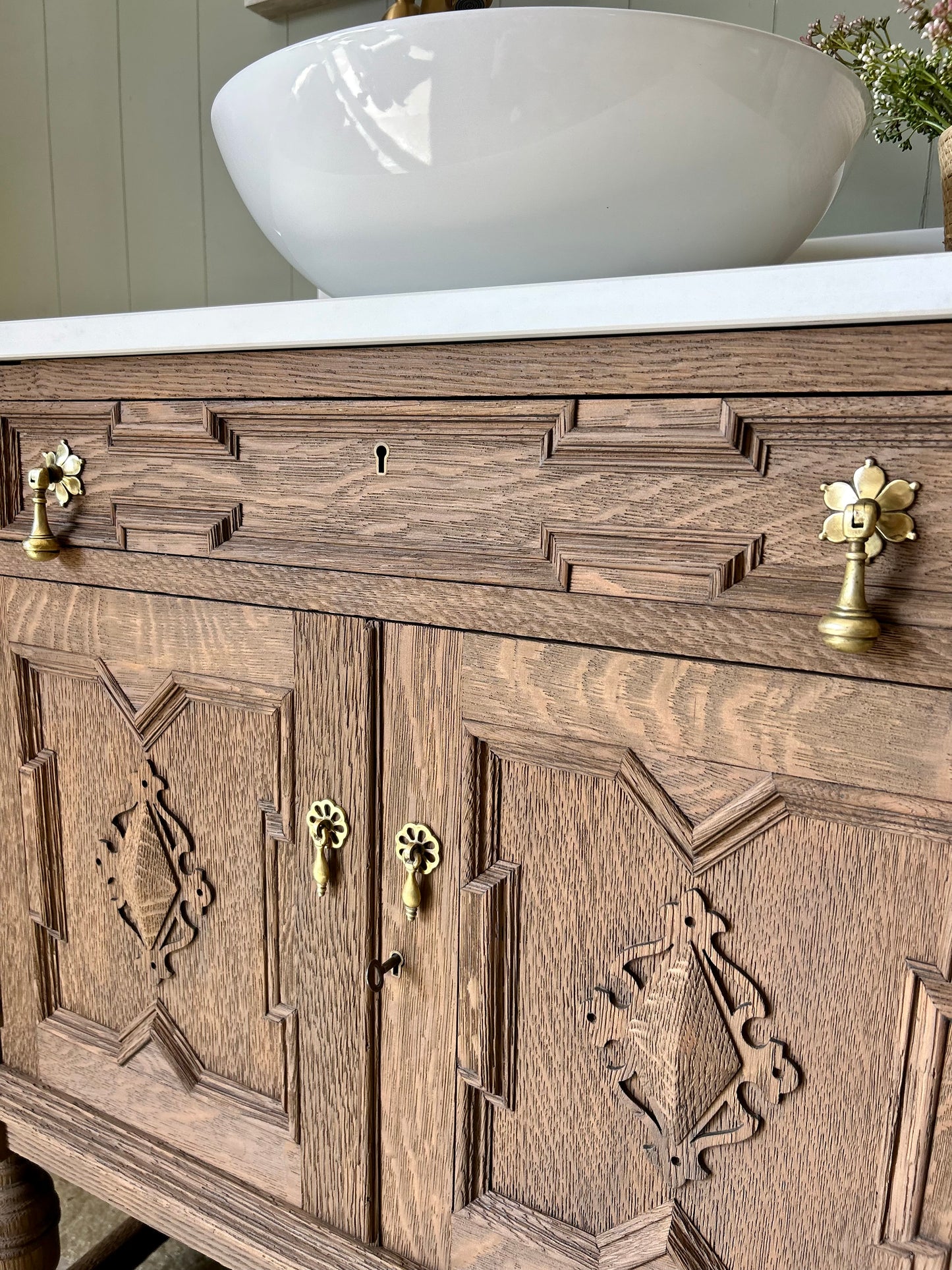 Vintage Solid Oak Vanity Sink finished in a Mid Oak, quartz top, Upstand and basin (75cm wide)