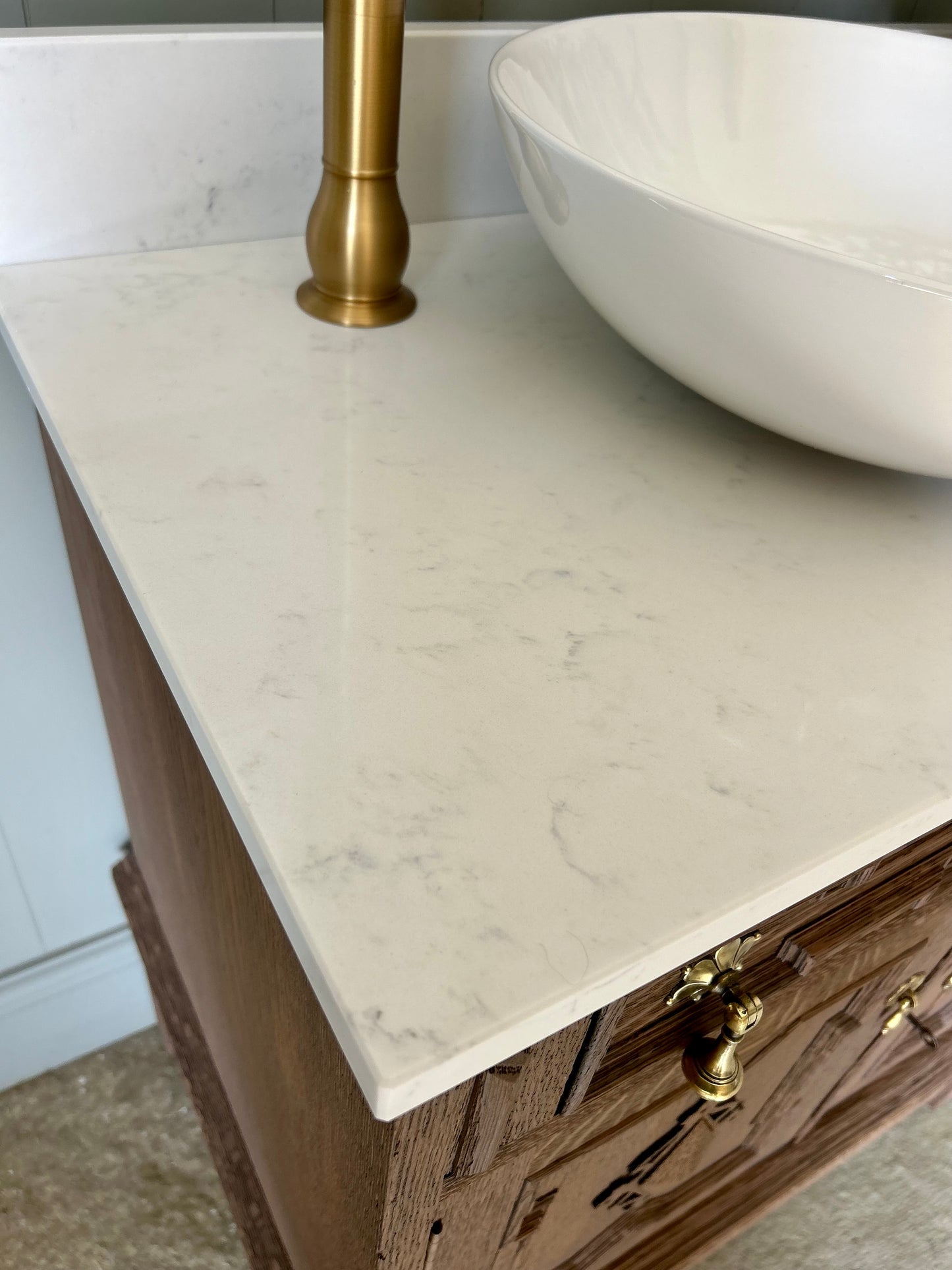 Vintage Solid Oak Vanity Sink finished in a Mid Oak, quartz top, Upstand and basin (75cm wide)