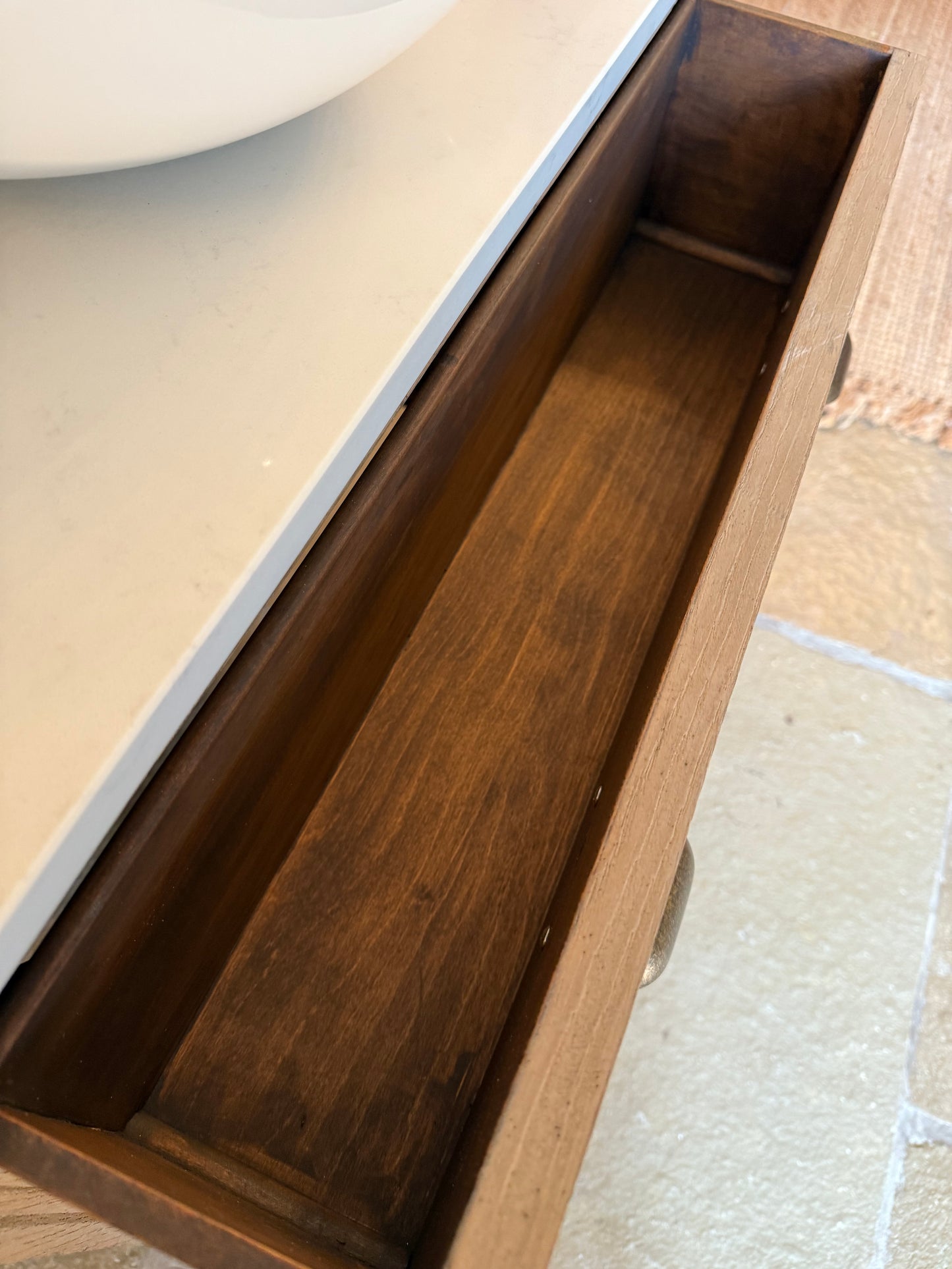 Single Vintage Oak Vanity finished in a Weathered Light Oak, Carrara Quartz Top, Upstand and basin. (79cm wide)