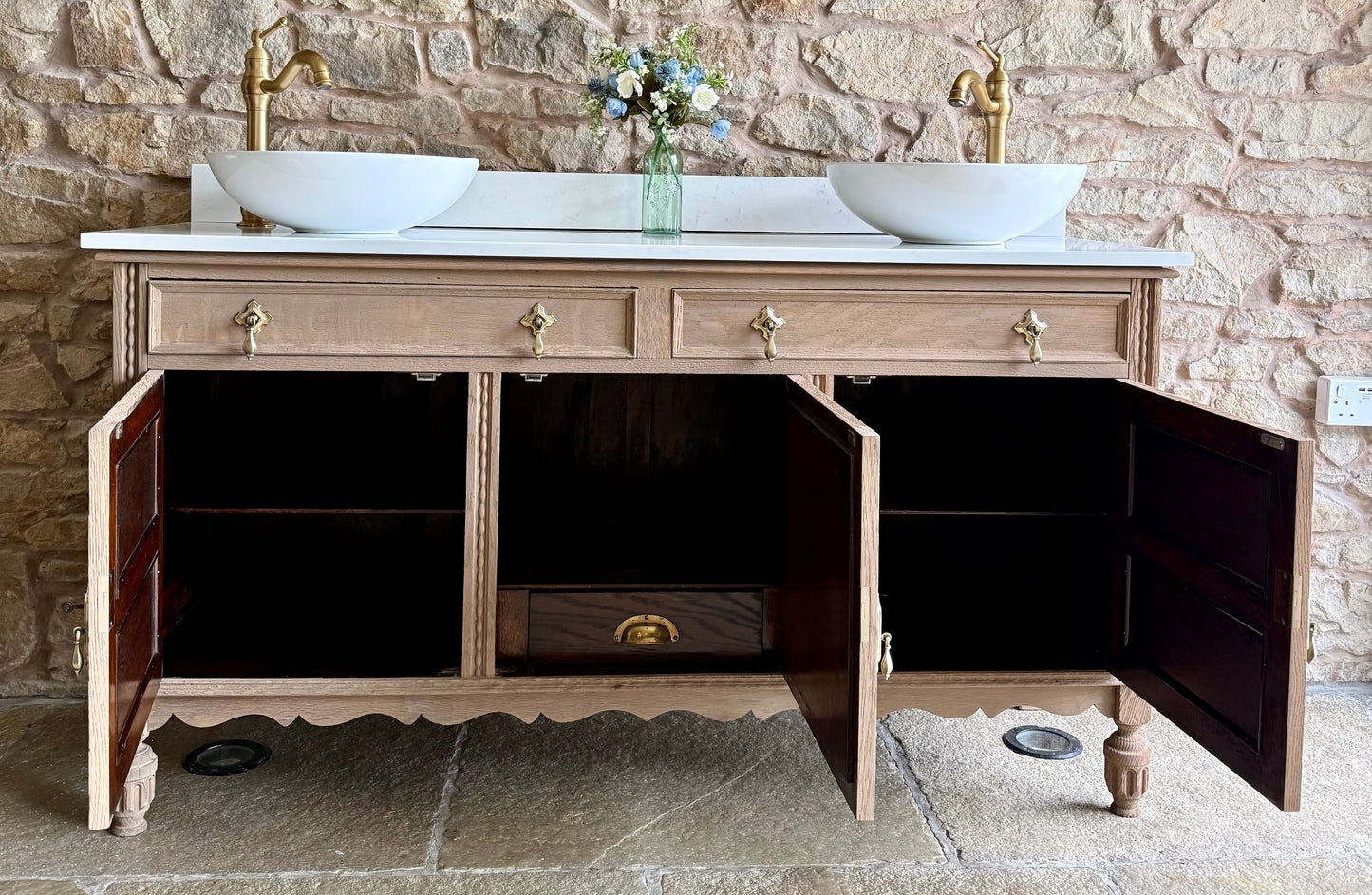 Large Vintage Oak Double Vanity Sink, Quartz Top, Upstand and two basins. (155cm wide)