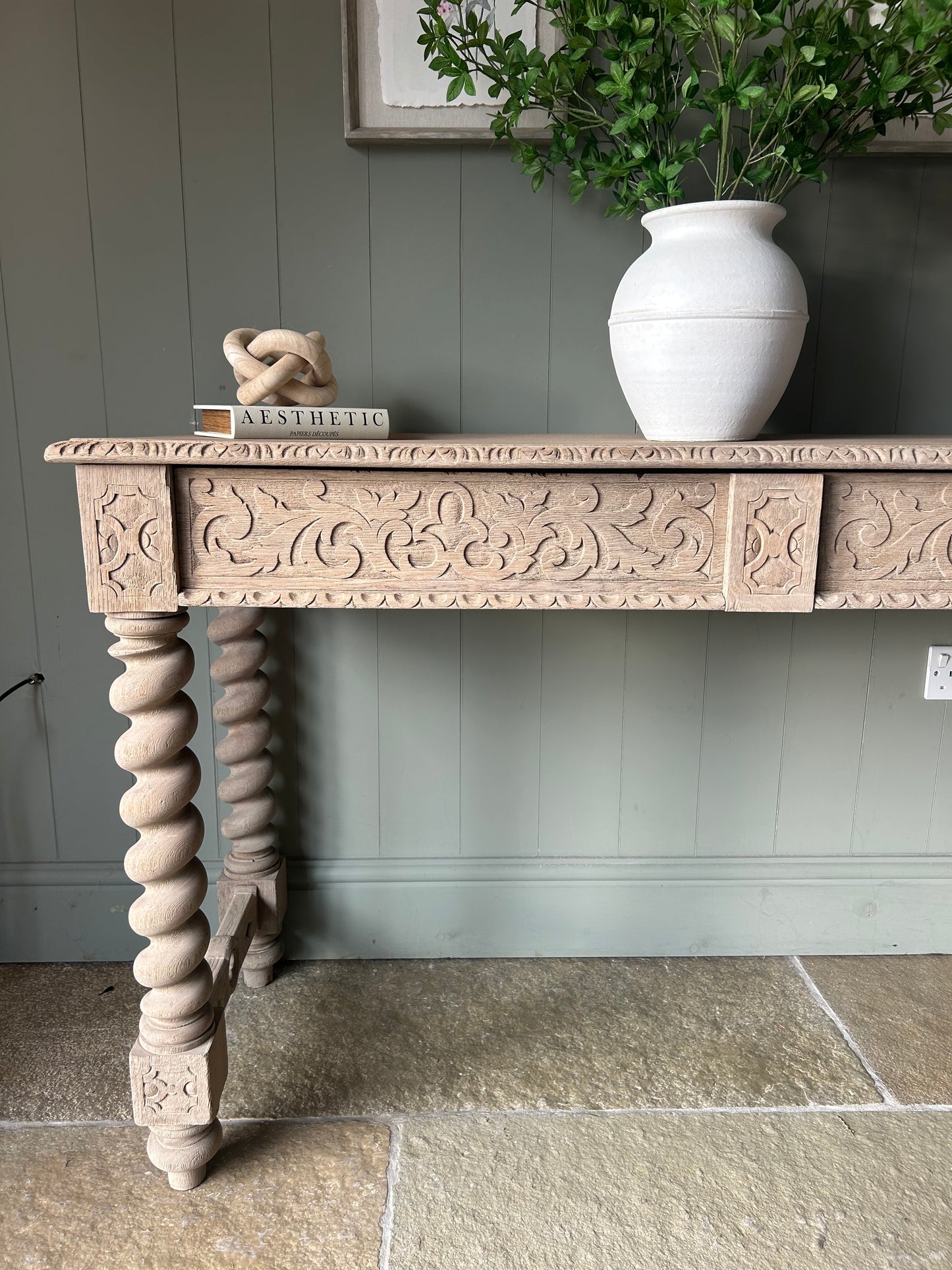 Large Carved Oak Console Table on symmetrical twist legs. 138cm Wide