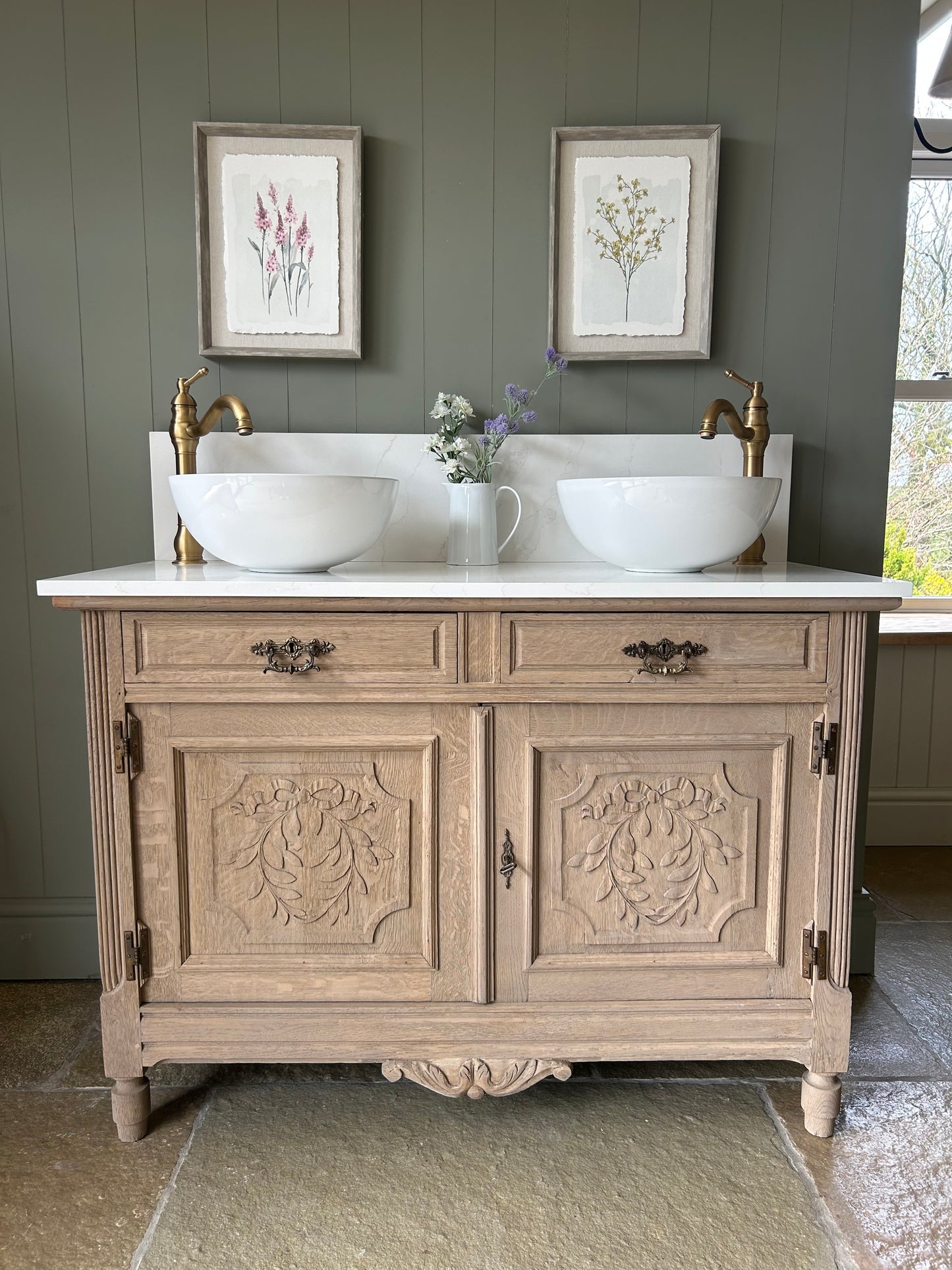 Vintage Double Vanity Sink with Marble / Quartz top and Upstand.