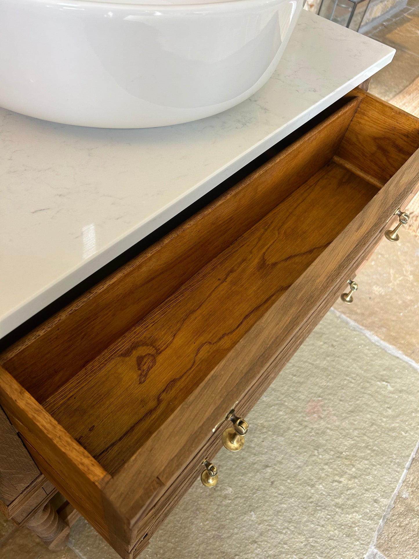 Single Solid Oak Vanity Sink, Carrara Quartz top, countertop basin and Upstand. (77cm wide)