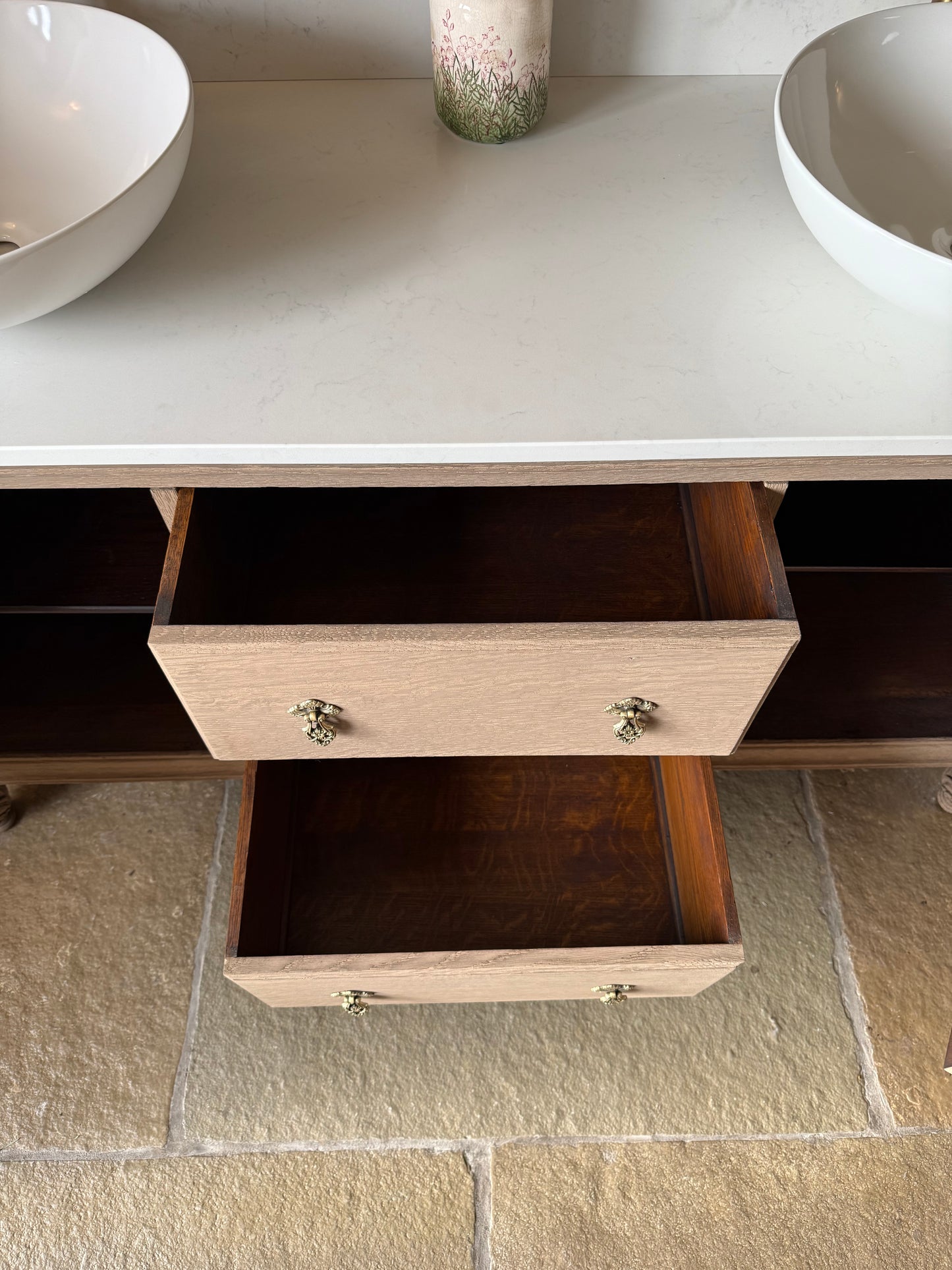 Beautiful, Vintage Solid Oak , Double Vanity Sink, Carrara Quartz top, Upstand and two basins (154.5cm wide)