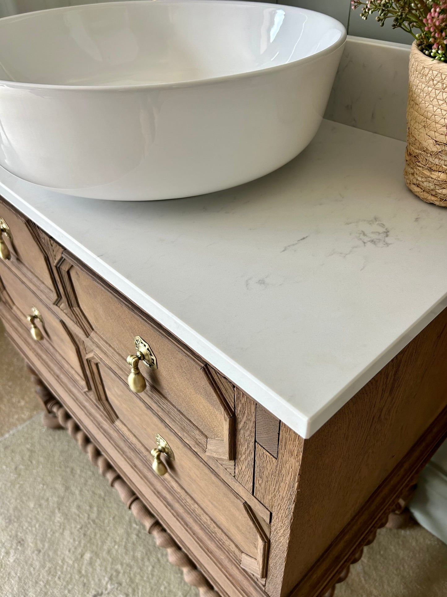Vintage SolidOak Vanity Sink, Carrara Quartz top, Upstand and countertop basin. (76cm wide)