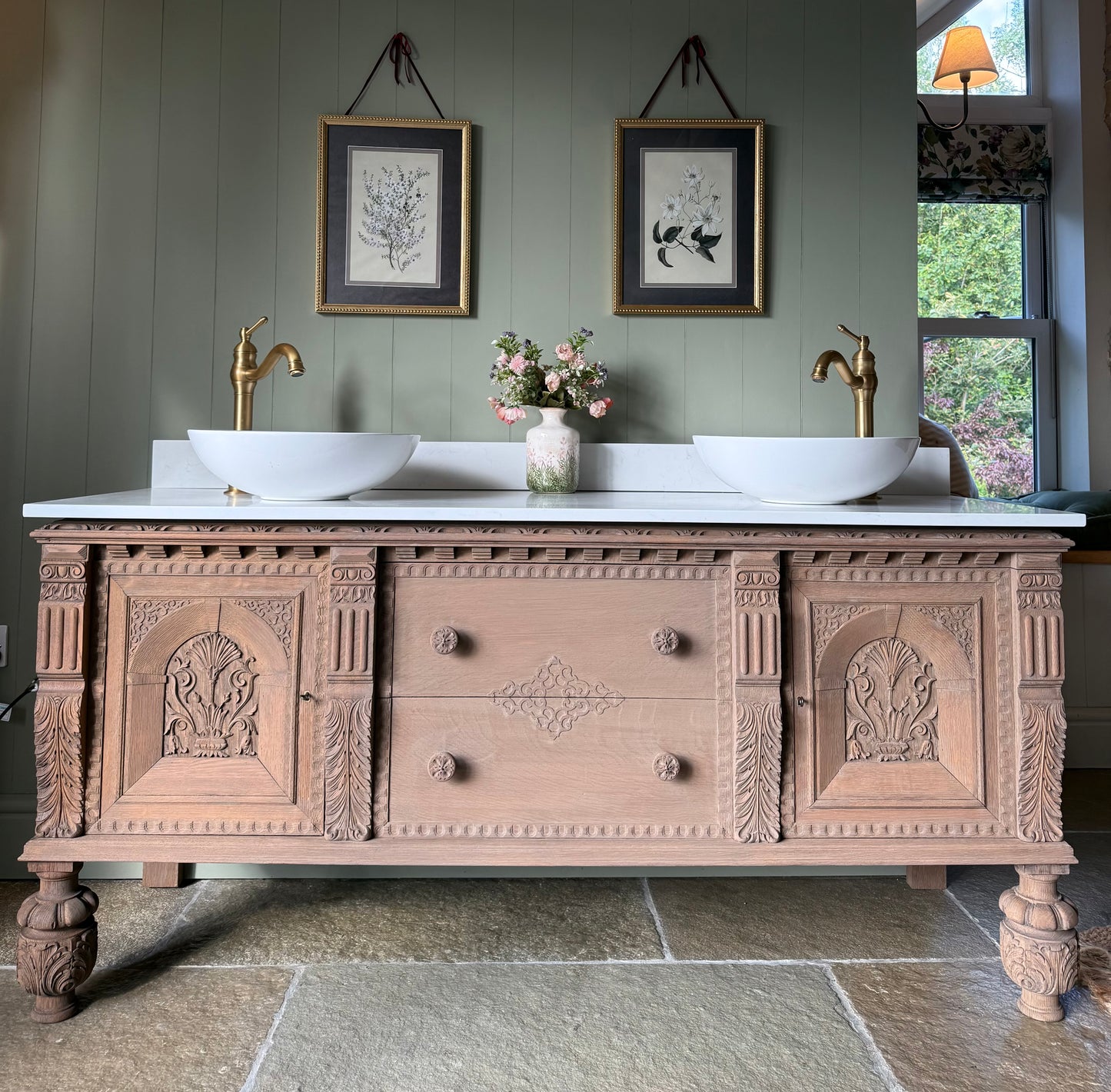 Large Antique Solid Oak Vanity Sink, Carrara Quartz top, Upstand and two basins. (168cm wide)