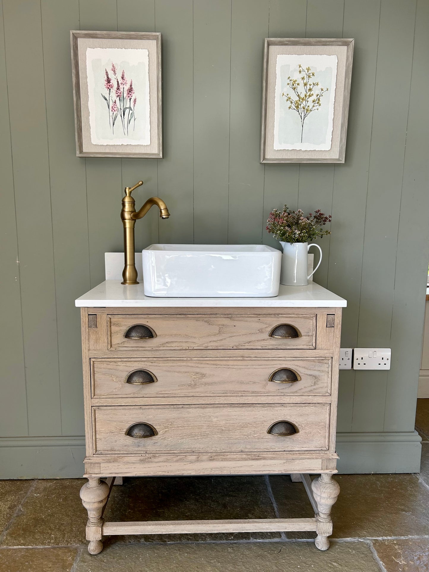 Small vintage Quartz topped vanity sink in a light weathered Oak. 76cm wide