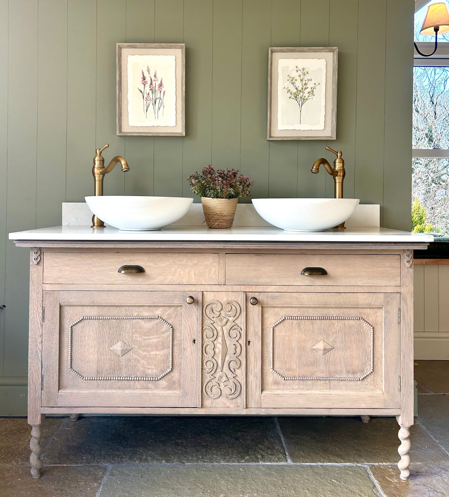 140cm Double Vanity Sink in Solid Weathered Oak, quartz top, basins and Upstand