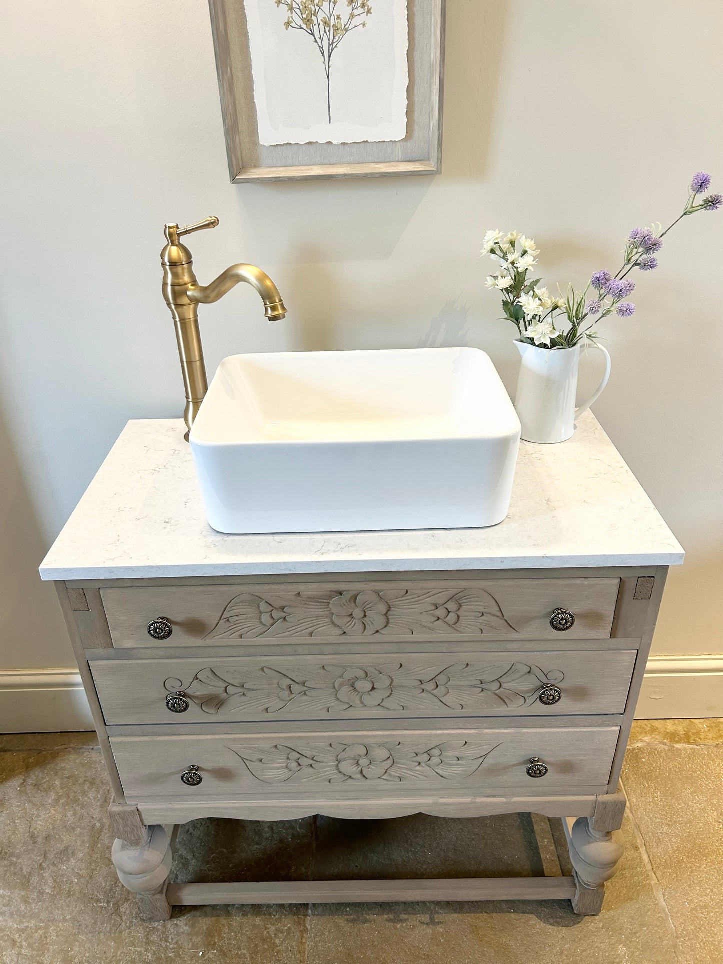 Vintage Floral Oak Vanity Sink Marble Top