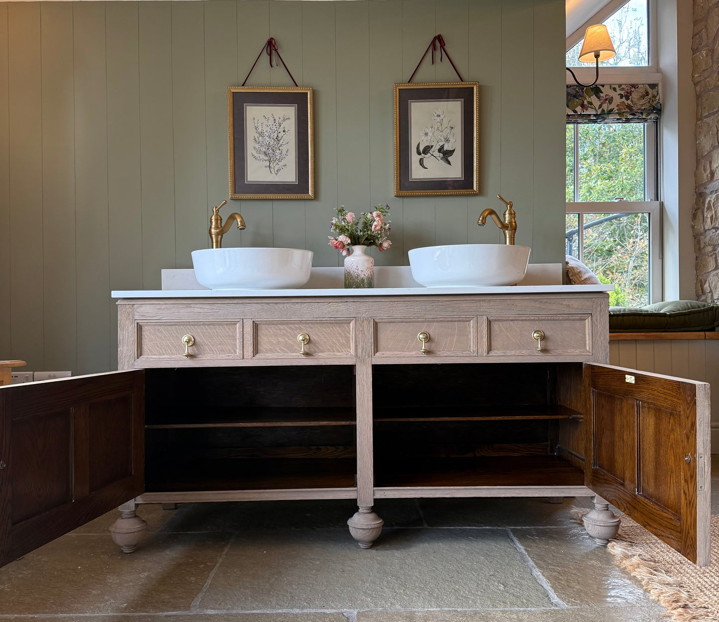Large Vintage Oak Double Vanity unit, Carrara Quartz top, Upstand and two basins (154.5cm)