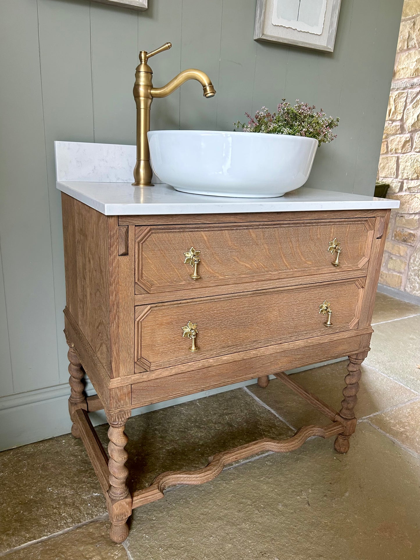 Single Solid Oak Vanity Sink, Carrara Quartz top, countertop basin and Upstand. (77cm wide)