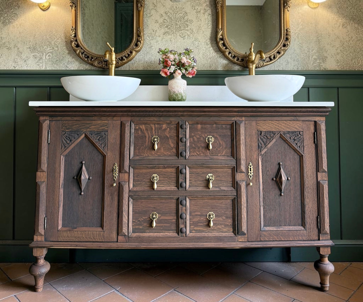 Classic Dark Oak Double Vanity Sink Unit, Quartz Top, Upstand and Two Basins (138cm wide)