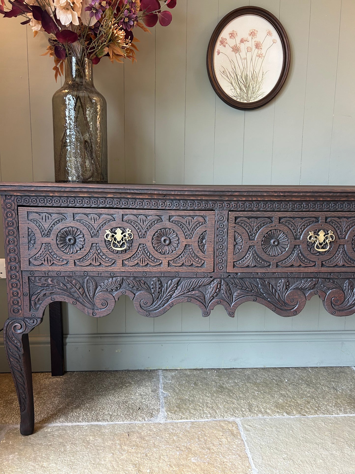 Antique Large Dark Solid Oak console table