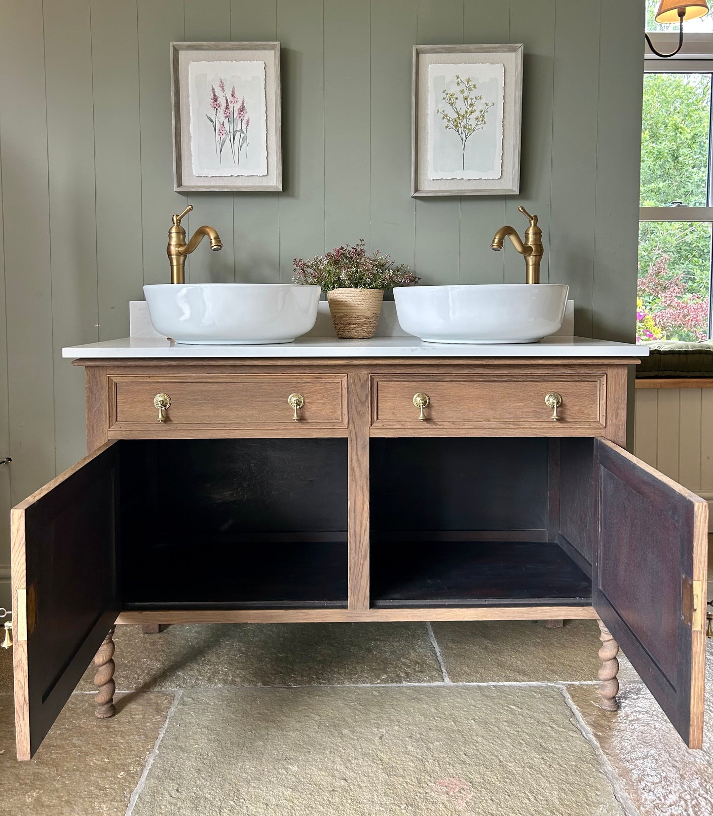 Vintage Mid Oak Double Vanity Sink, Carrara Quartz Top, Upstand and two countertop basins. (124cm wide)