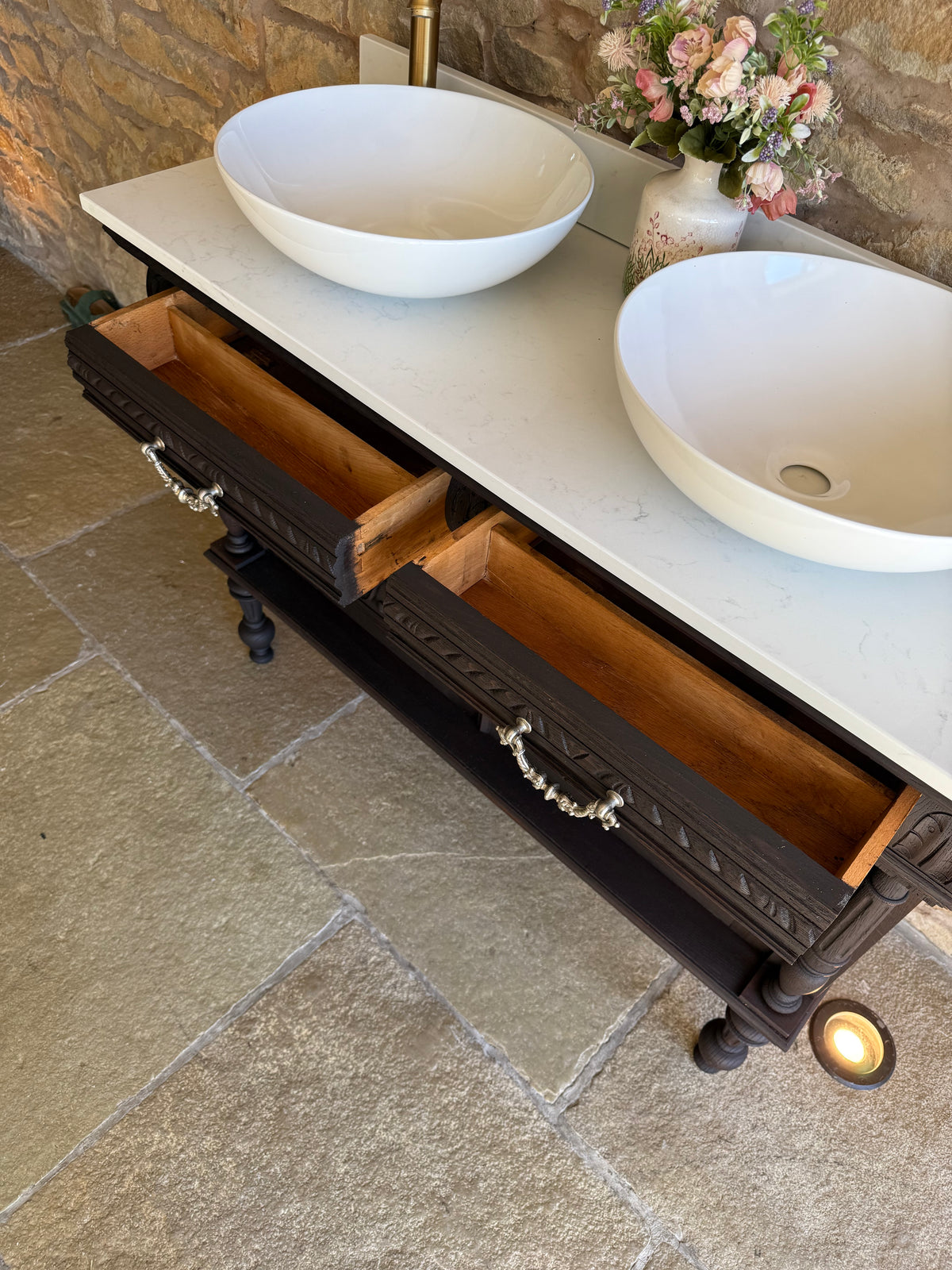Vintage Oak Vanity Sink in a Classic Dark Oak. (122cm wide)
