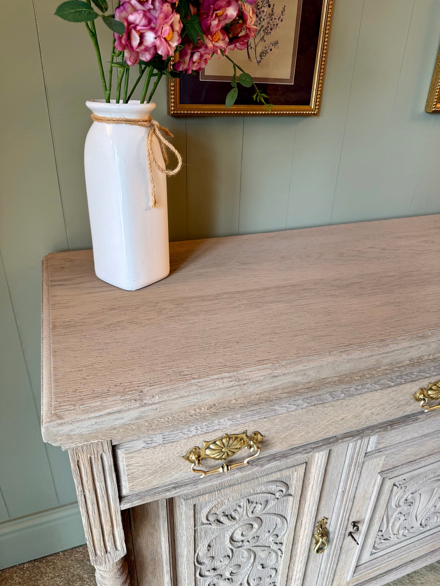 Antique Rustic Medium Sized Oak Sideboard with pretty carved detailing. (153cm wide)