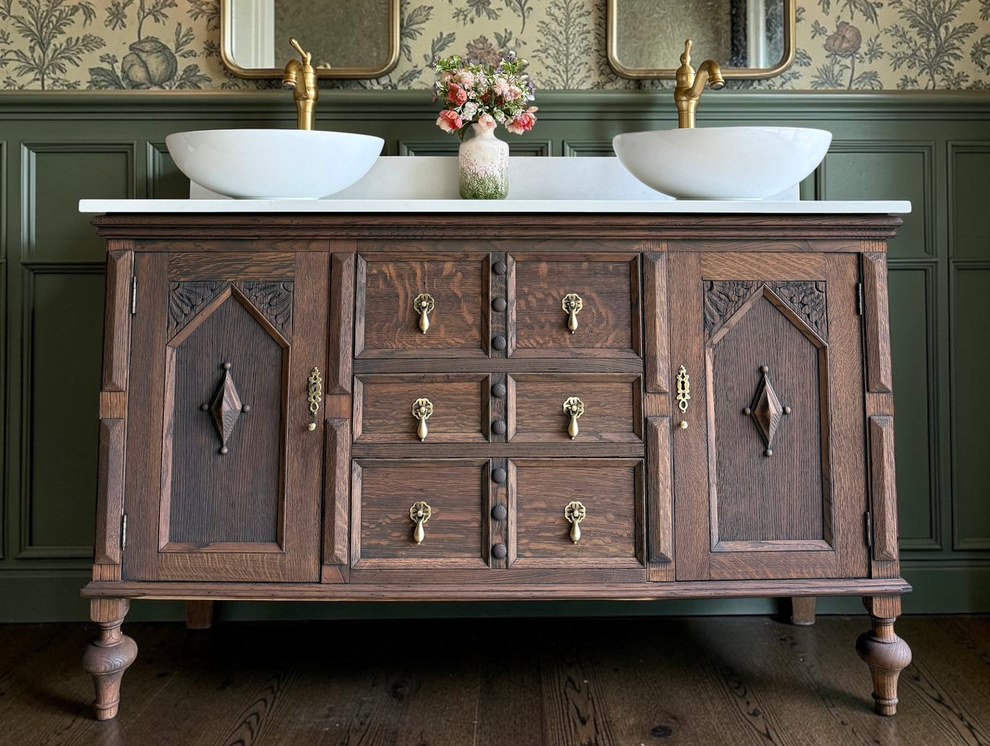 Classic Dark Oak Double Vanity Sink Unit, Quartz Top, Upstand and Two Basins (138cm wide)