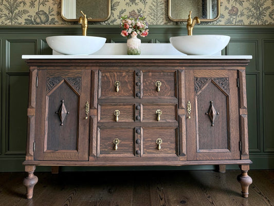 Classic Dark Oak Double Vanity Sink Unit, Quartz Top, Upstand and Two Basins (138cm wide)