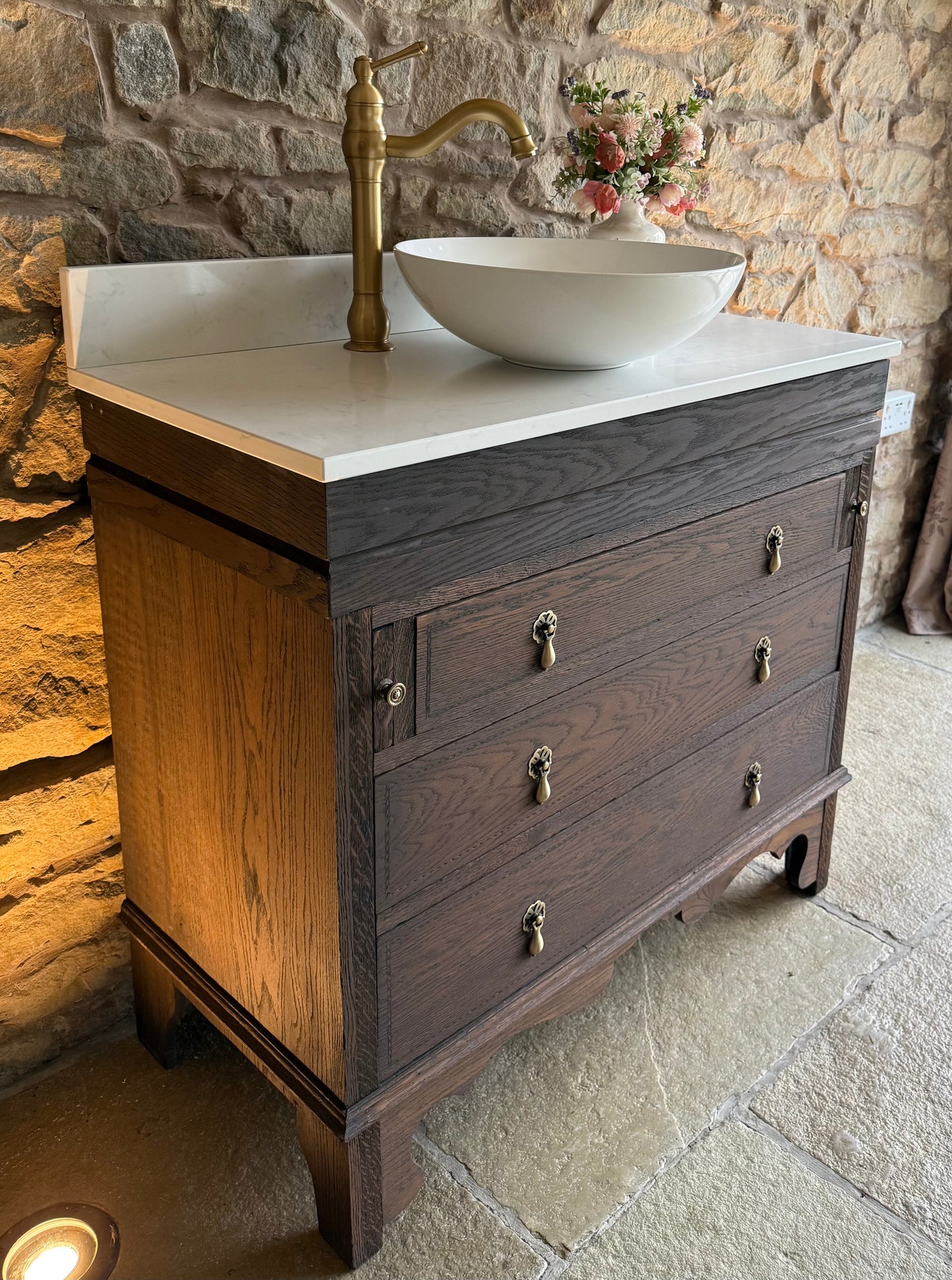 Vintage Solid Oak Vanity Sink Unit, Carrara Quartz Top, Upstand and Basin (94cm wide)