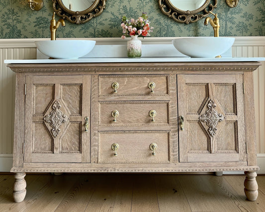 Vintage Solid Oak Double Vanity Sink, Carrara Quartz Top, Upstand and Two Basins