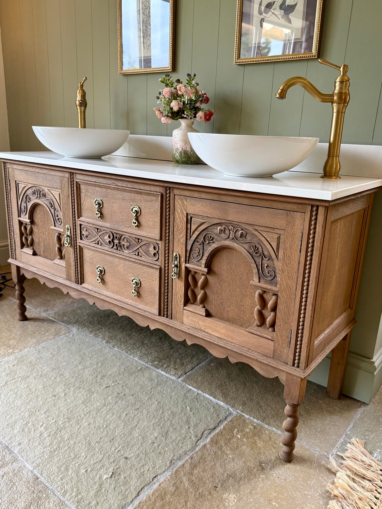 Large Oak Vanity Sink, Carrara Quartz top, Upstand and two basins. (154cm wide)