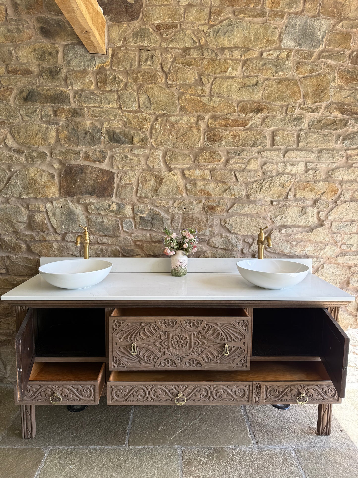 Large Ornate Warm Oak Vintage Vanity Sink Unit, Carrara Quartz Worktop, Upstand and Two Basins (185cm wide)