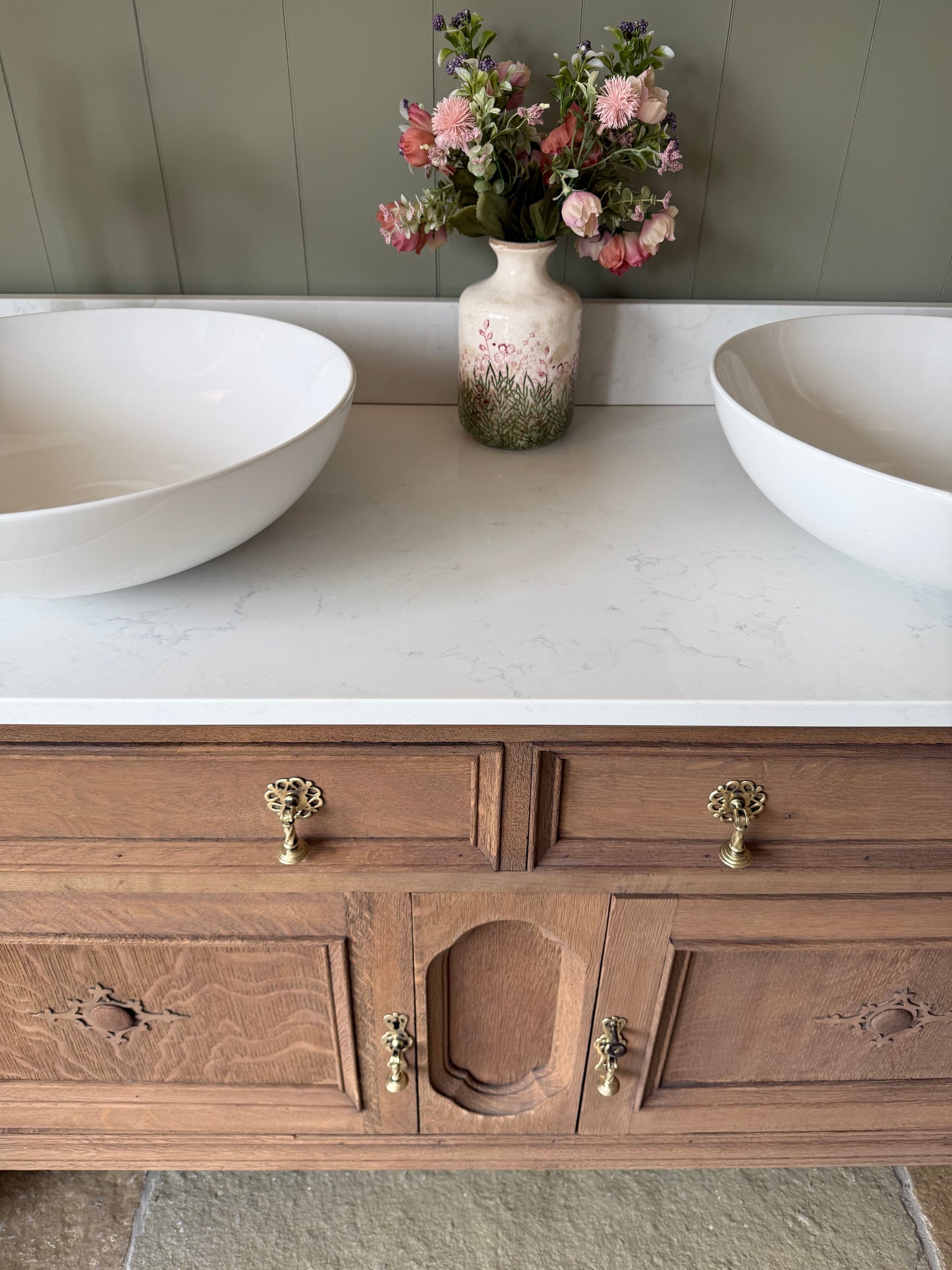 Vintage Mid Oak Vanity Sink, Quartz top, Upstand and two basins. (138cm wide)
