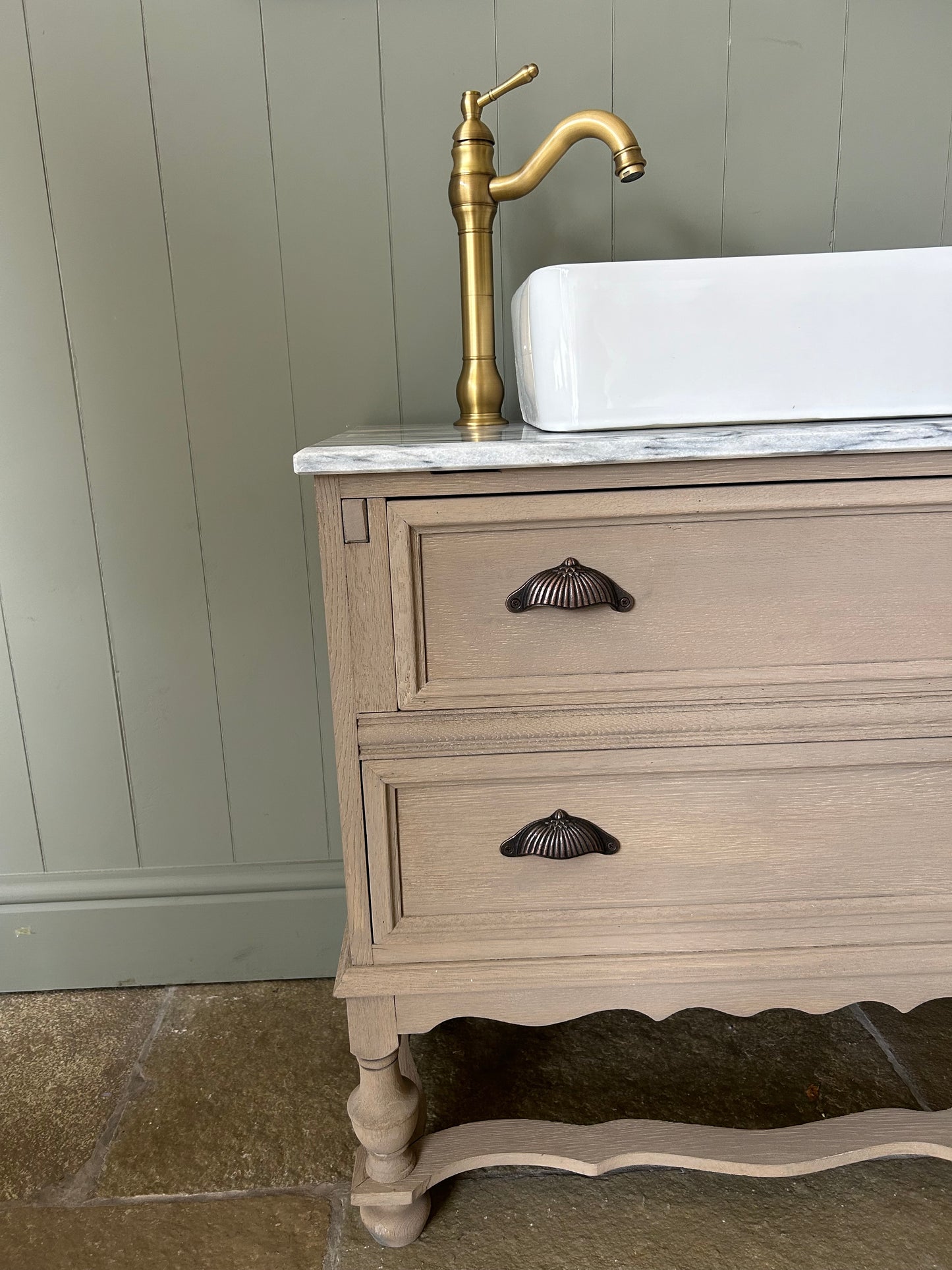 Vintage Marble Topped Vanity Sink finished in a Weathered Oak Style