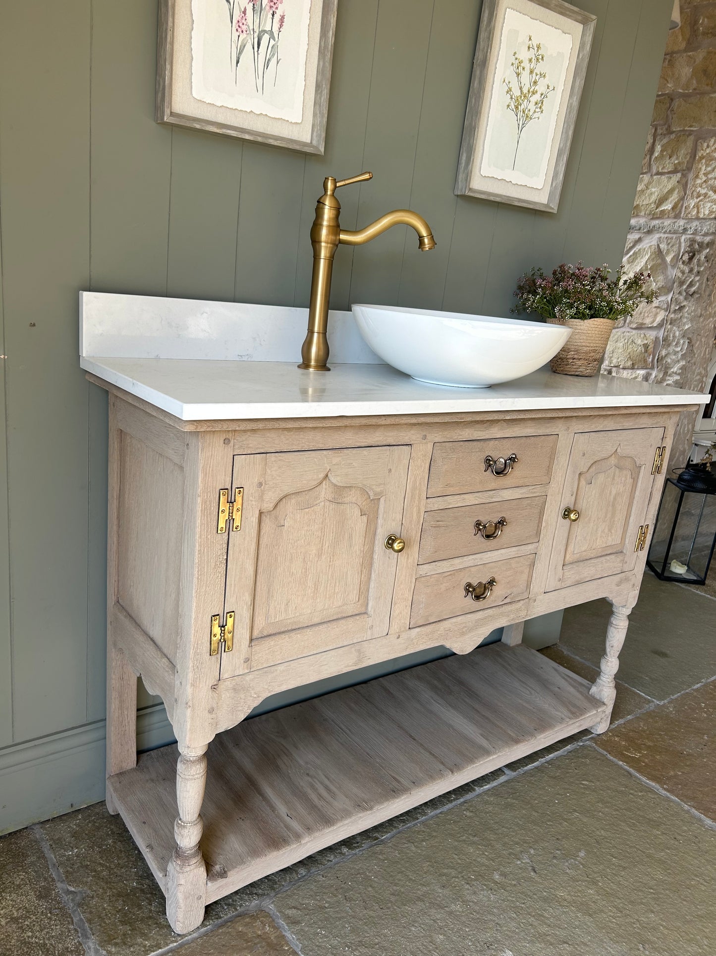 Light Solid Oak Vanity Sink with Basin, Quartz top and Upstand. 1235mm wide