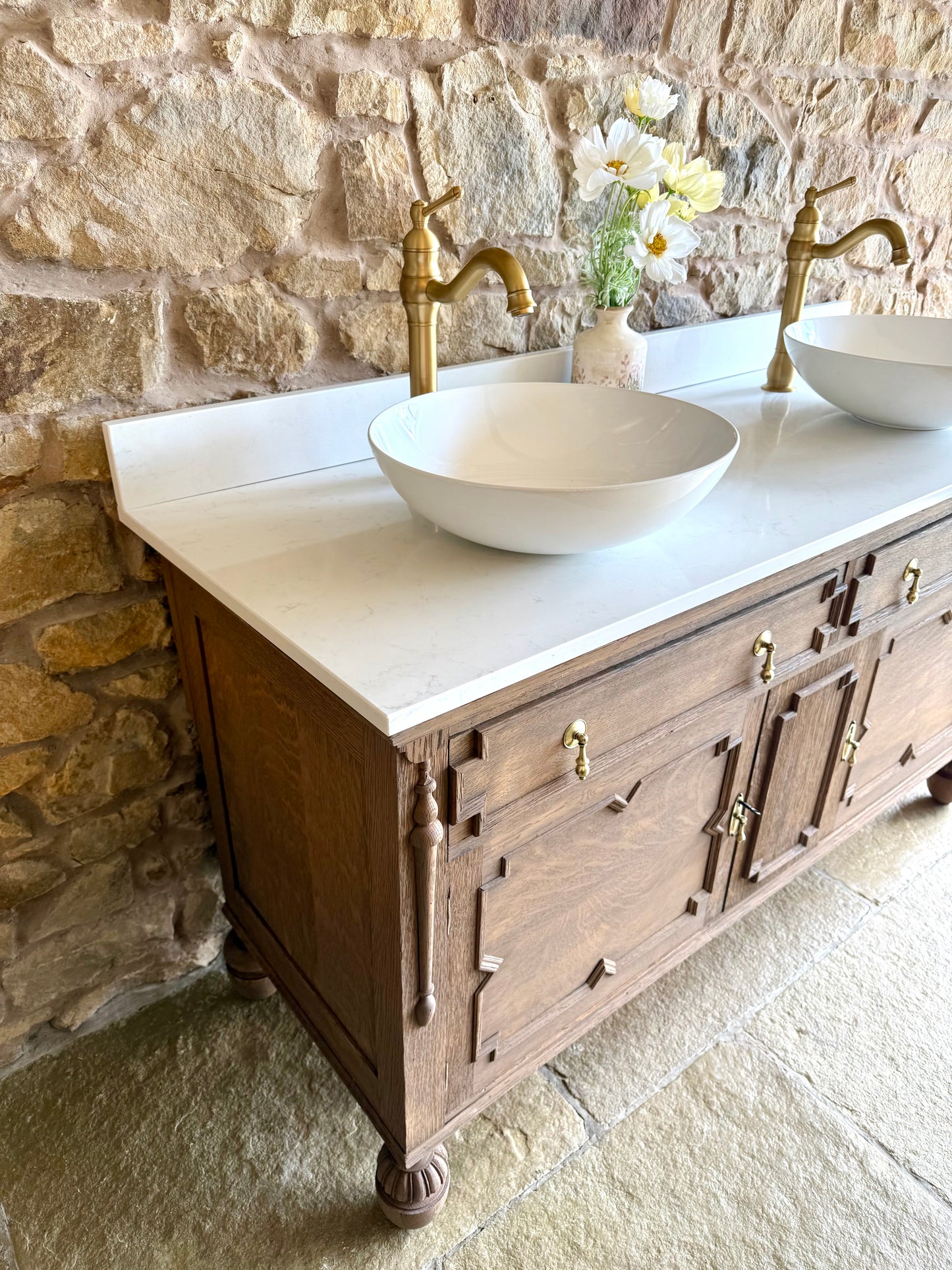 Vintage Solid Oak Double Vanity Sink Unit in a Warm Oak. Carrara Quartz Top, Upstand and Two Basins