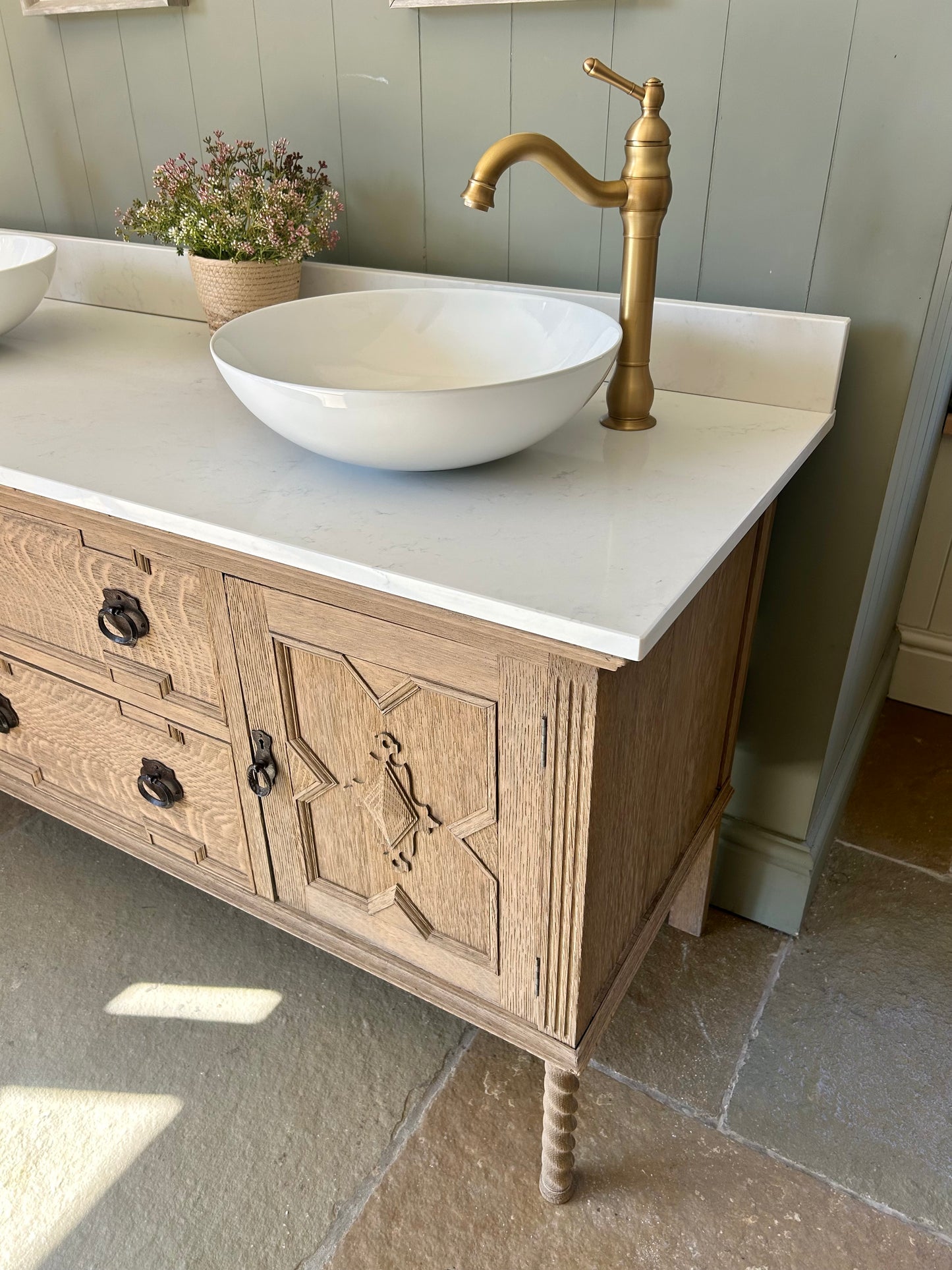Light Oak Double Vanity Sink, quartz top, Upstand and two basins.