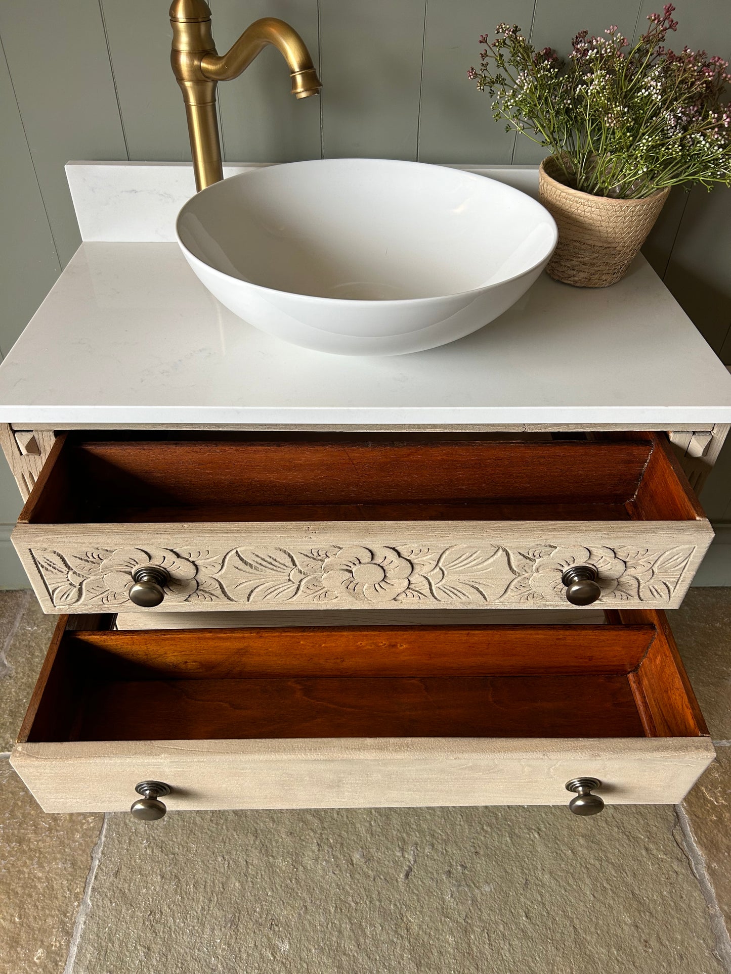 Vintage Oak Vanity Sink with quartz top, basin and Upstand 77cm wide