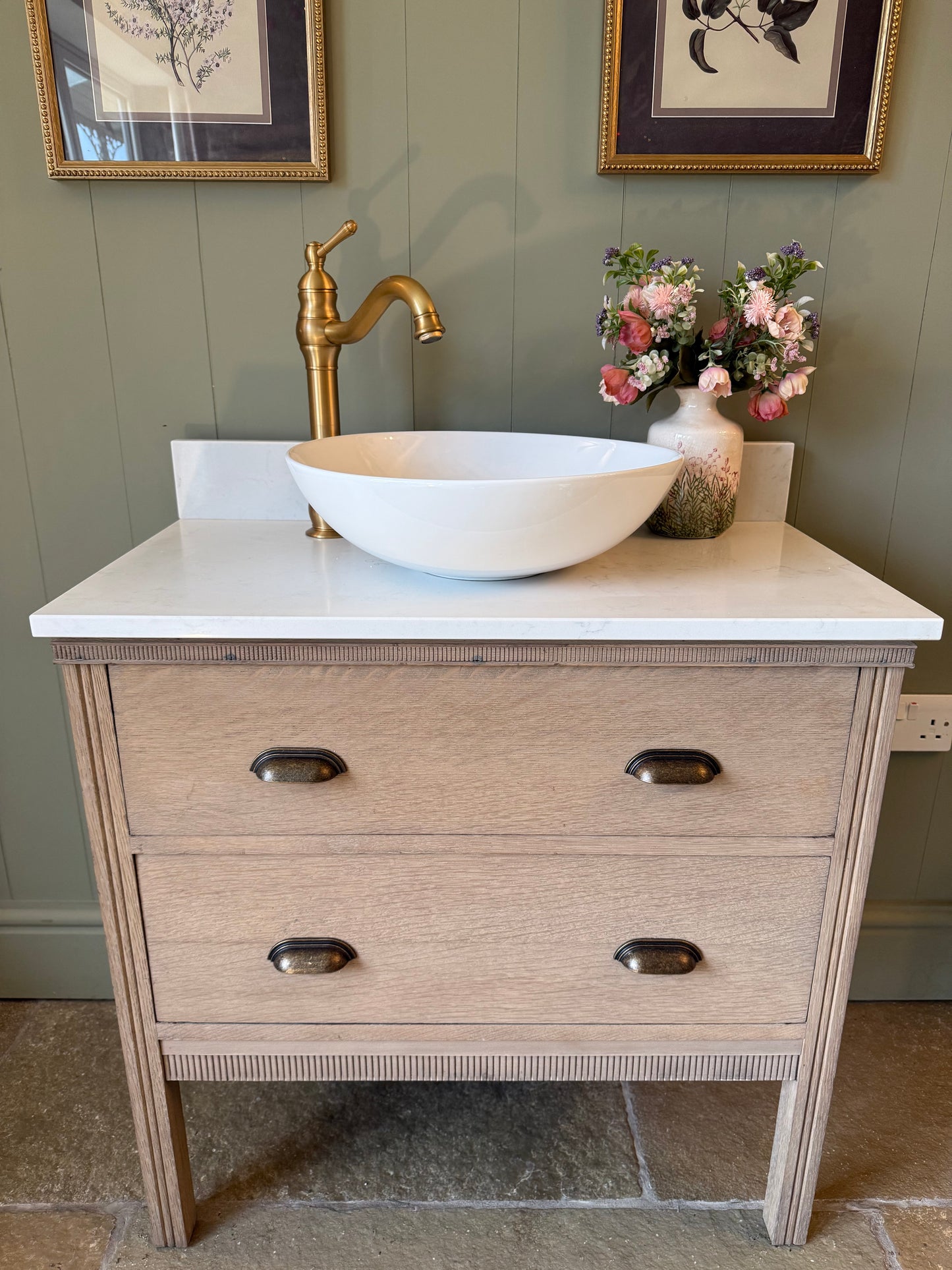 Single Vintage Oak Vanity finished in a Weathered Light Oak, Carrara Quartz Top, Upstand and basin. (79cm wide)