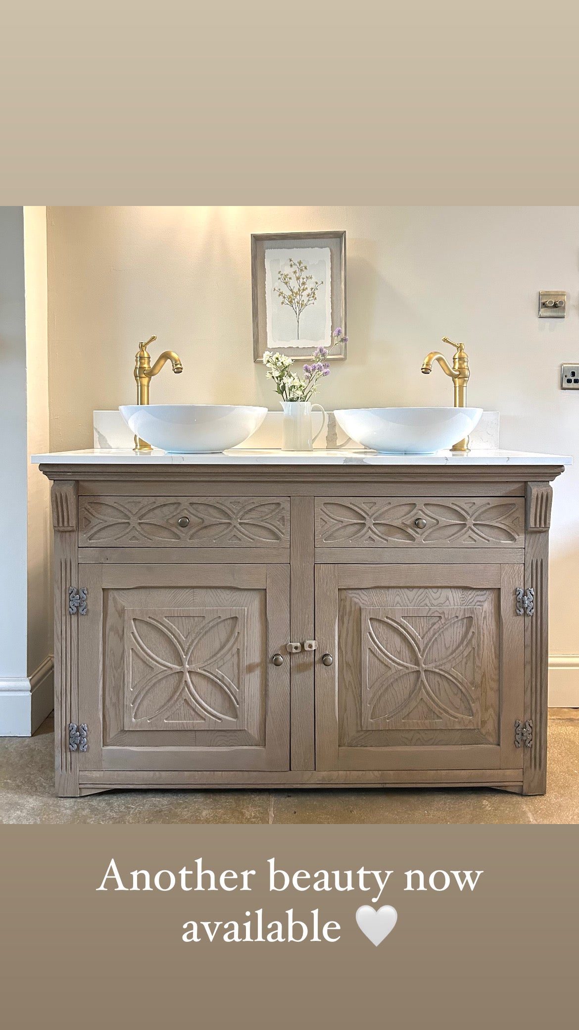 Double Vanity Sink Finished in a Weathered Weathered oak with marble / quartz top.