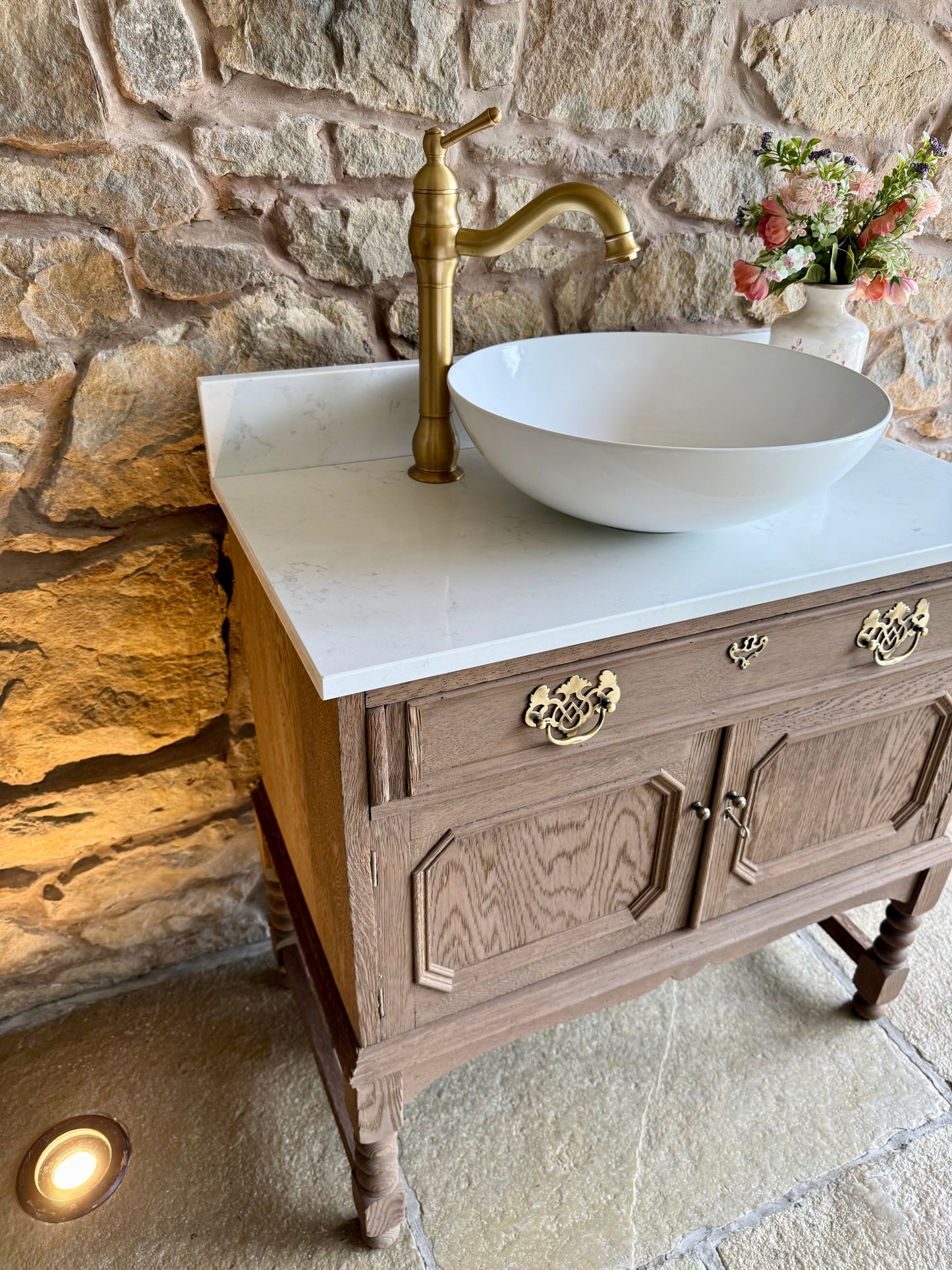 Solid Oak Vintage Vanity Sink Unit, Quartz Top, Upstand and Basin. (79cm wide)