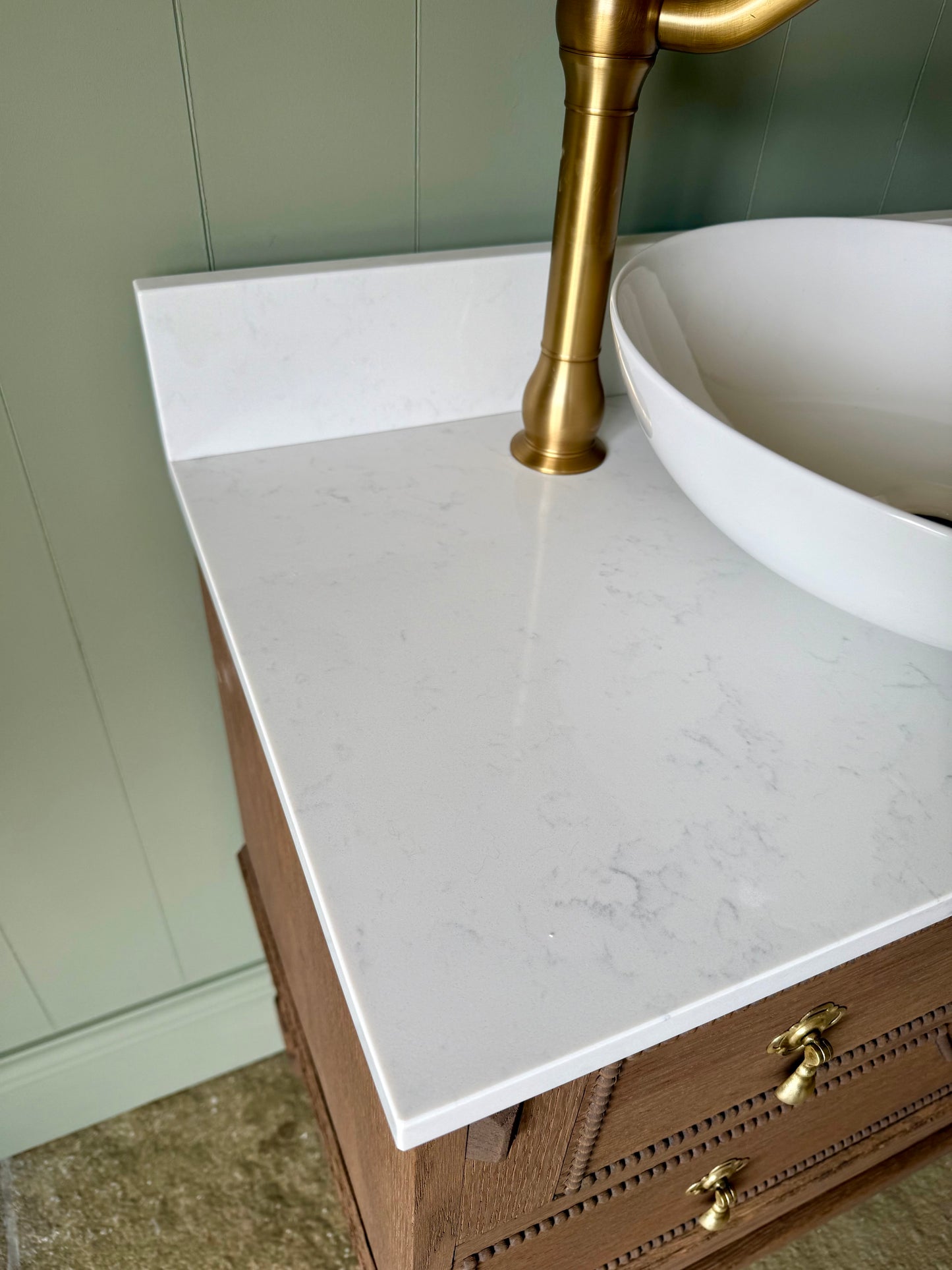 Single Oak Vanity, Carrara Quartz top, basin and Upstand. (78cm wide)