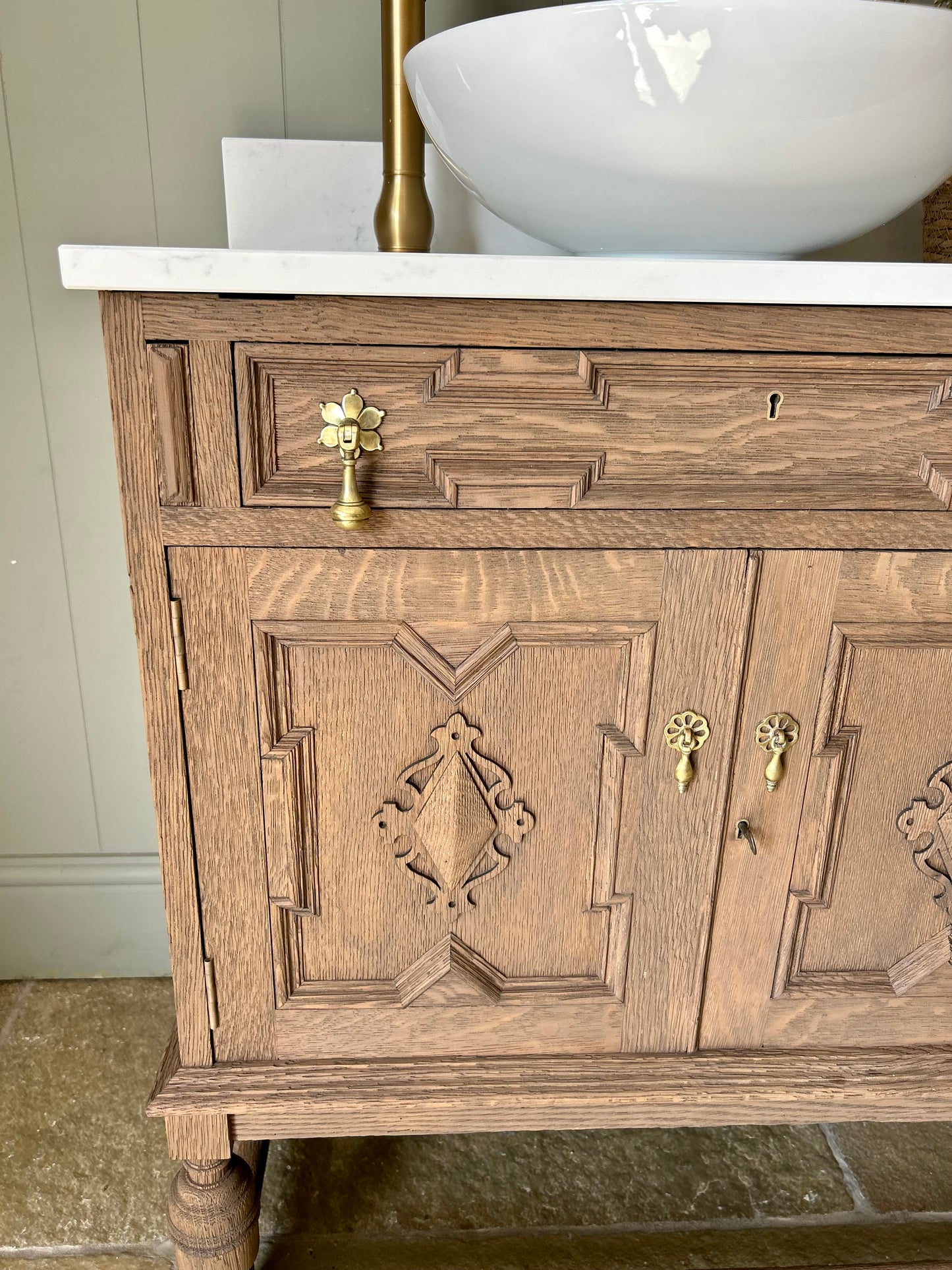 Vintage Solid Oak Vanity Sink finished in a Mid Oak, quartz top, Upstand and basin (75cm wide)