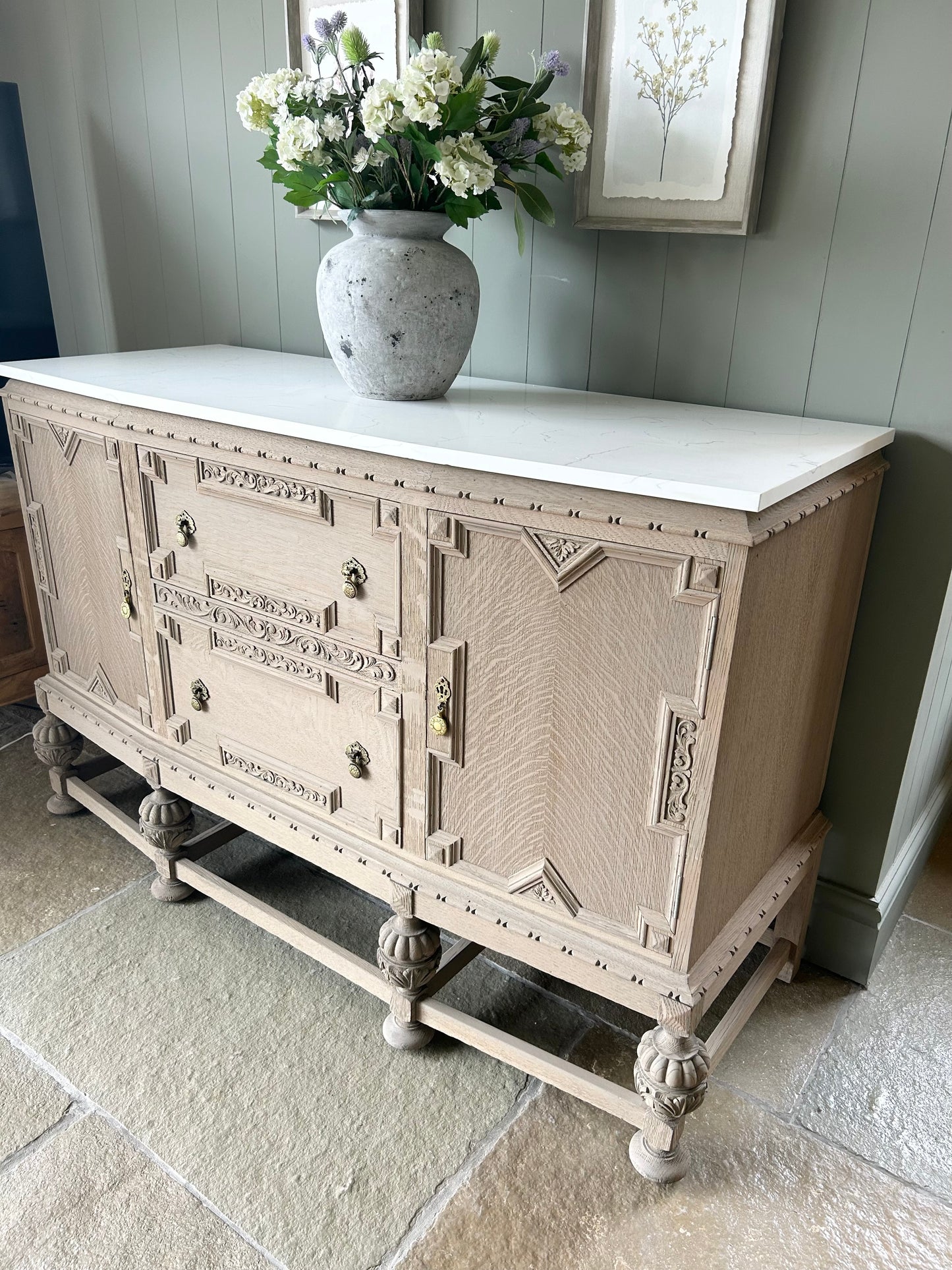 Vintage Rustic Oak Ornate Carved Sideboard with Quartz Top